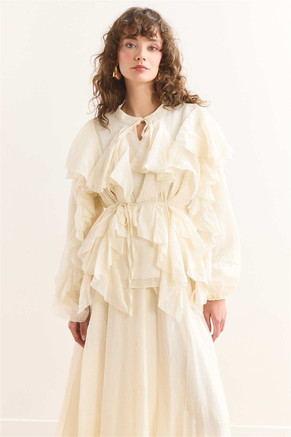 Angelina Volanlı Etek Takım - Ekru