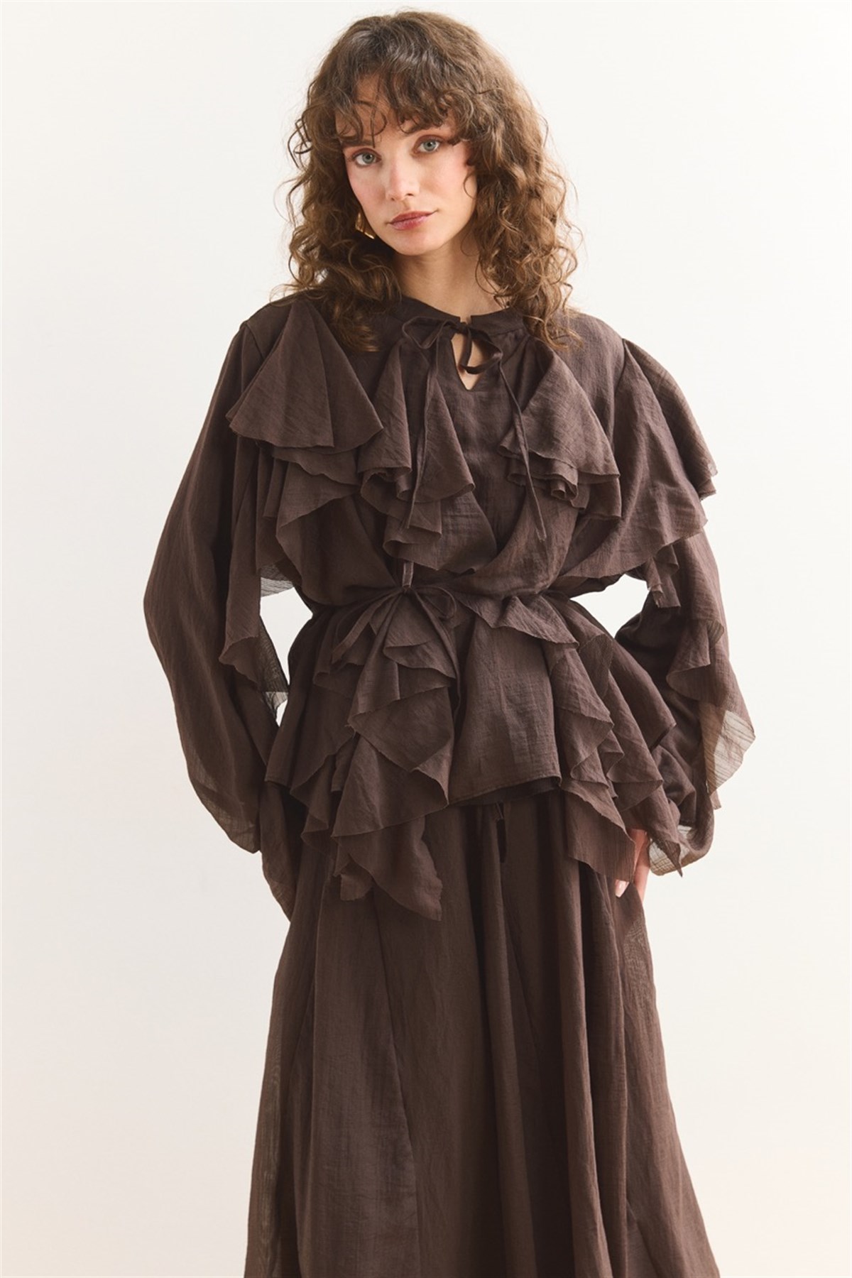 Angelina Volanlı Etek Takım - Kahve