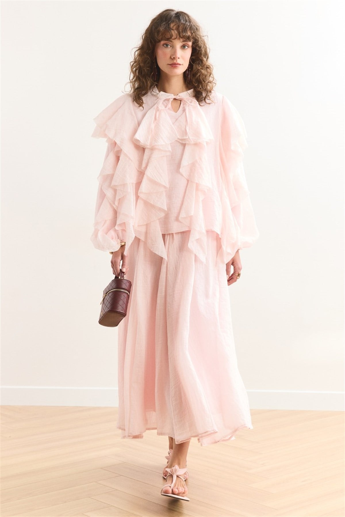 Angelina Volanlı Etek Takım - Pembe