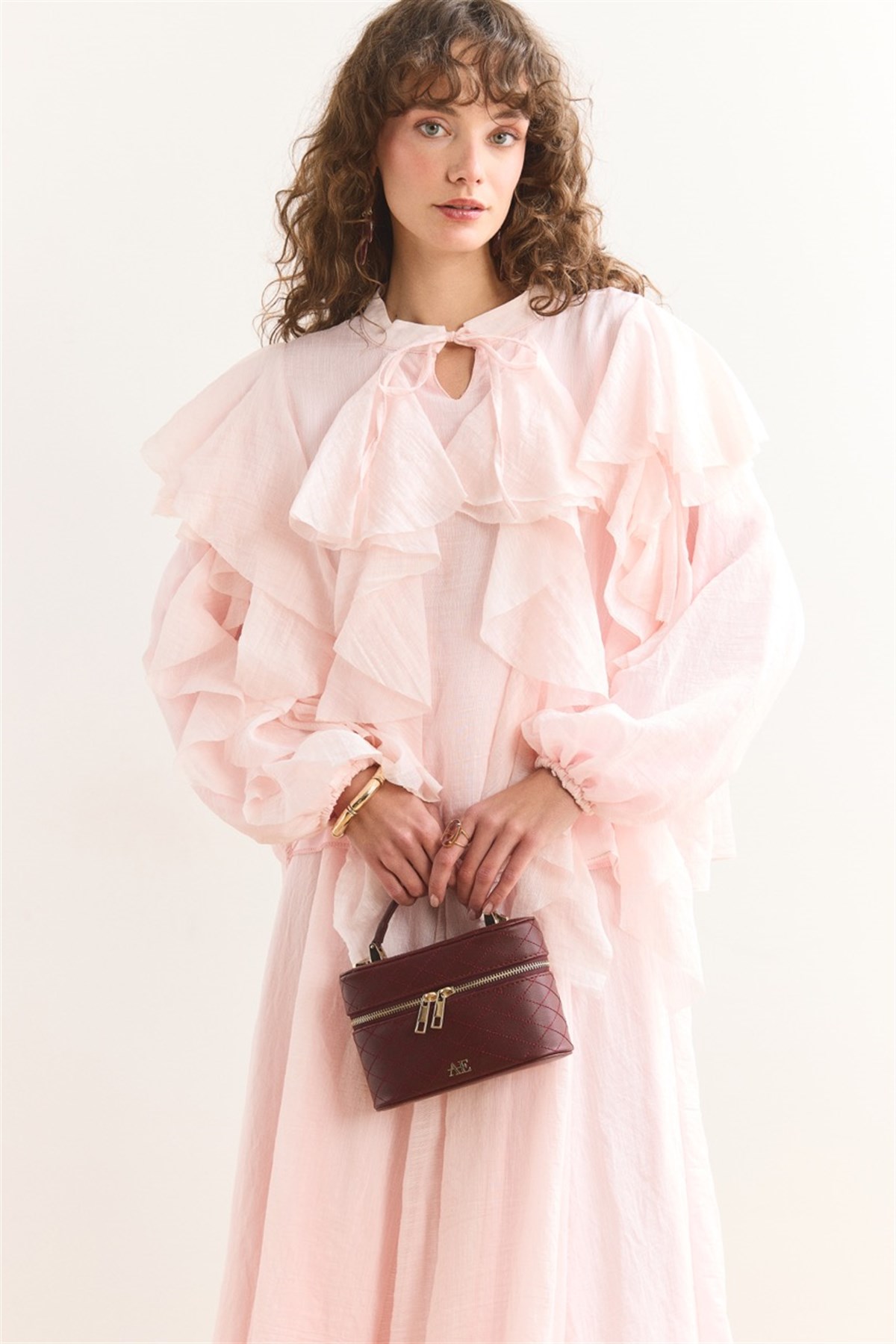 Angelina Volanlı Etek Takım - Pembe