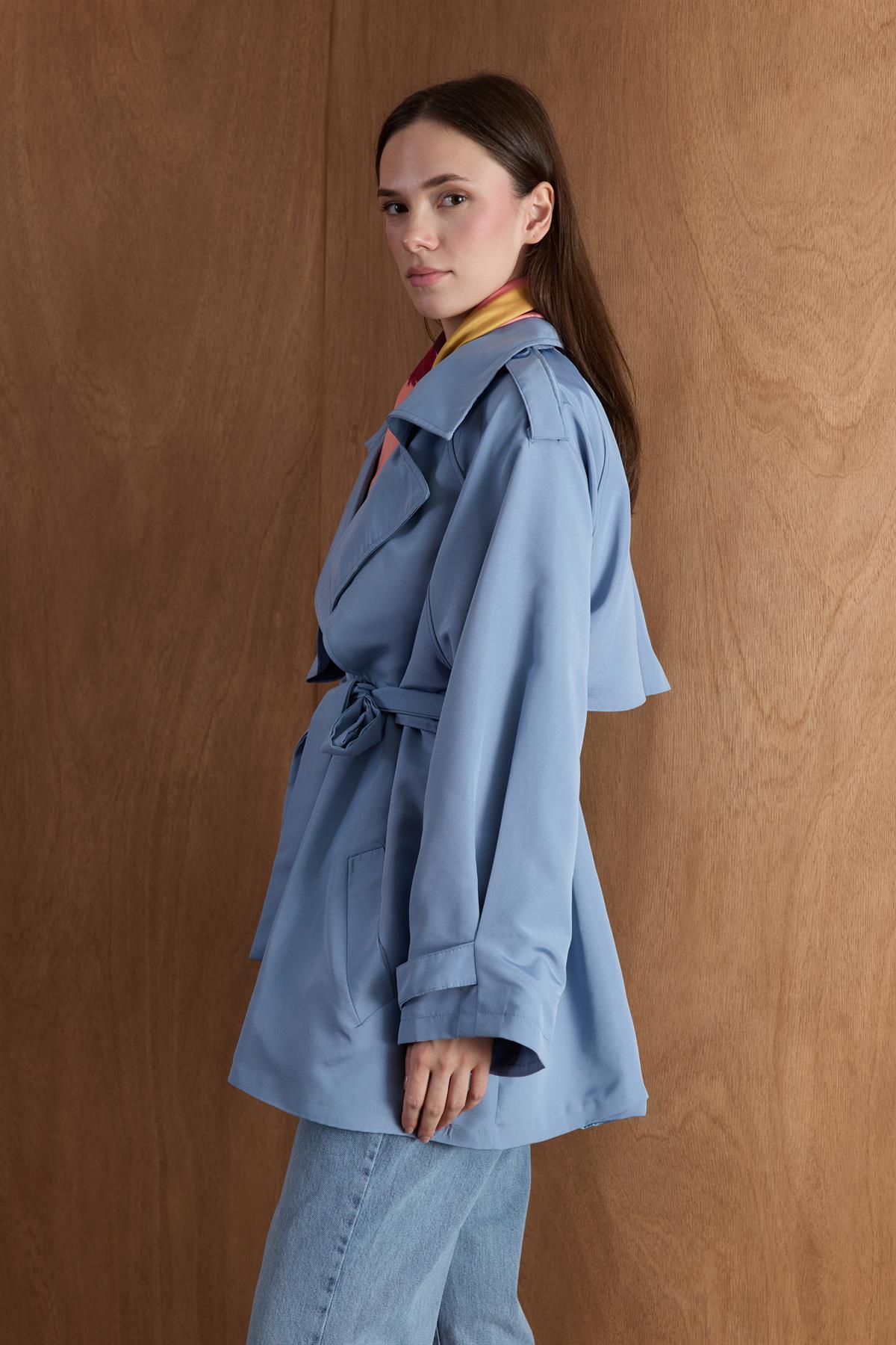 Apoletli Kısa Trençkot - Mavi