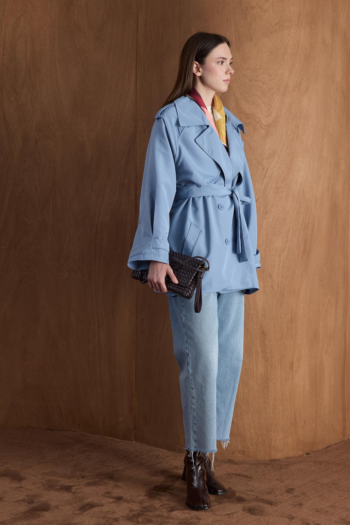 Apoletli Kısa Trençkot - Mavi