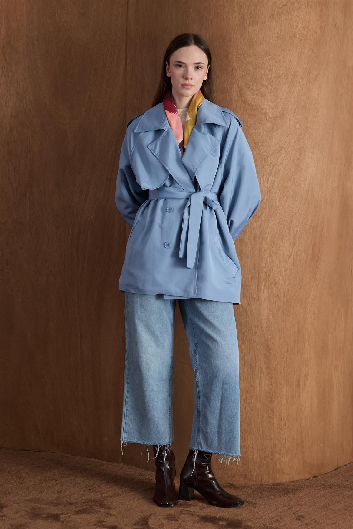 Apoletli Kısa Trençkot - Mavi