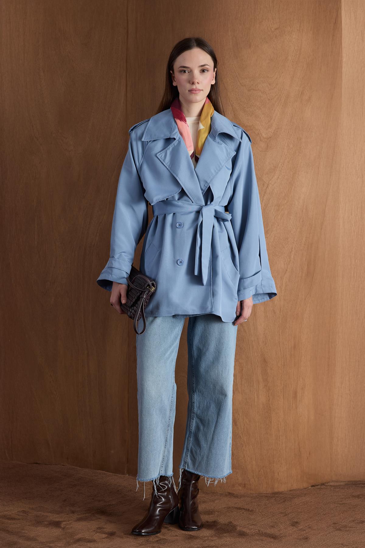 Apoletli Kısa Trençkot - Mavi