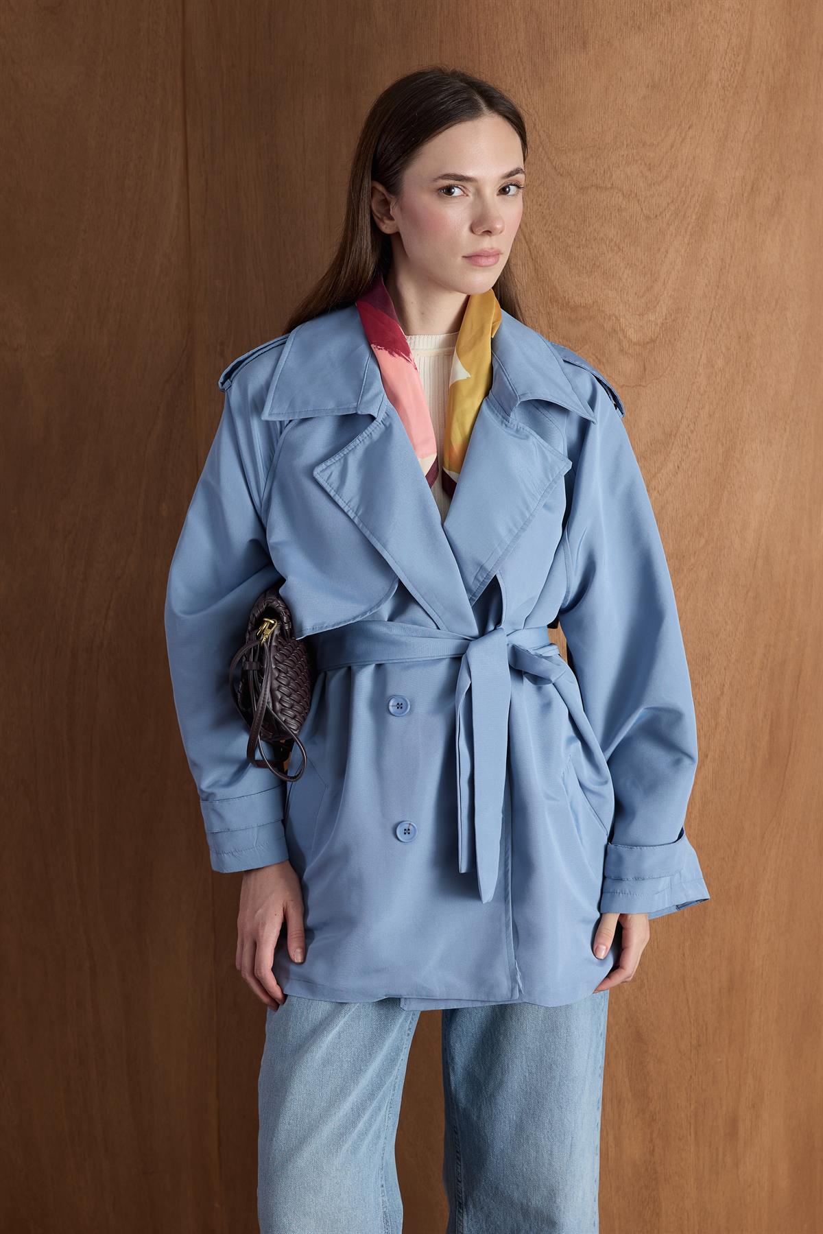 Apoletli Kısa Trençkot - Mavi