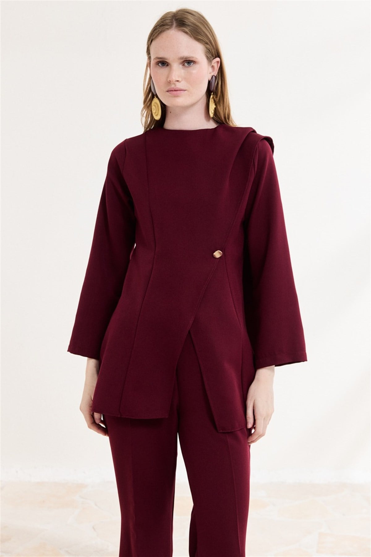 Asimetrik Double Pantolon Takım - Bordo