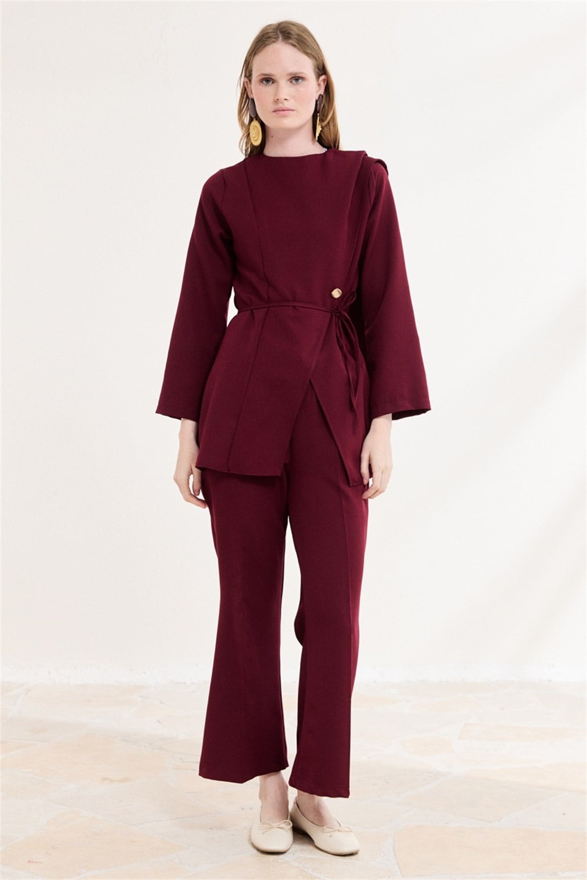 Asimetrik Double Pantolon Takım - Bordo