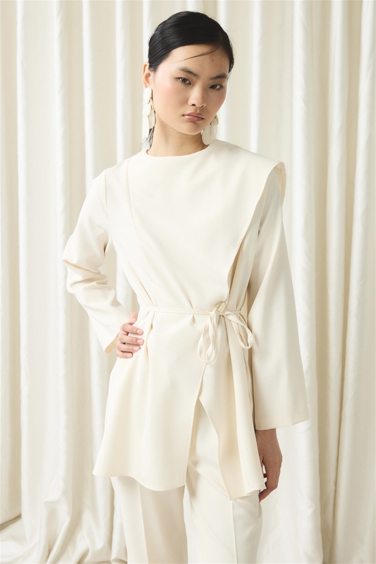Asimetrik Double Pantolon Takım - Ekru