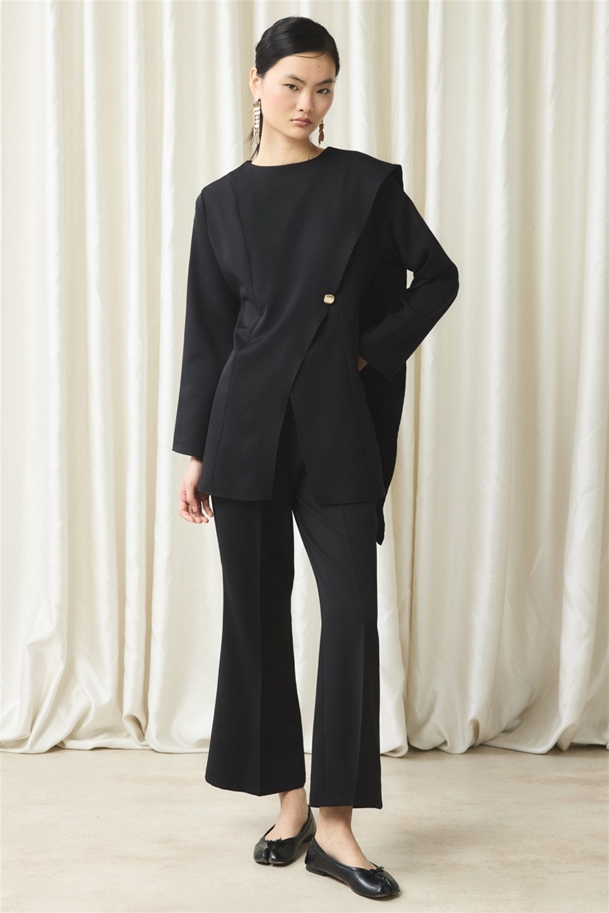 Asimetrik Double Pantolon Takım - Siyah