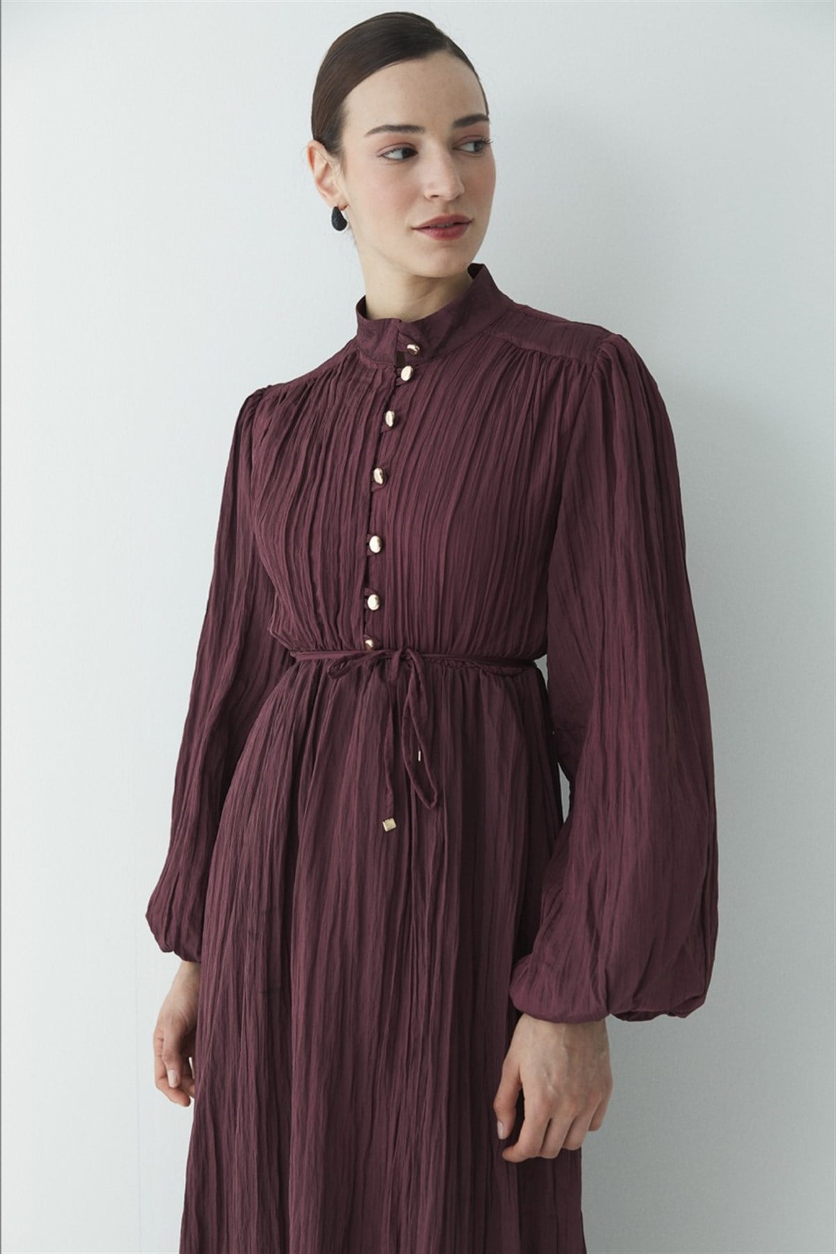 Asimetrik Fırfırlı Pilise Elbise - Bordo