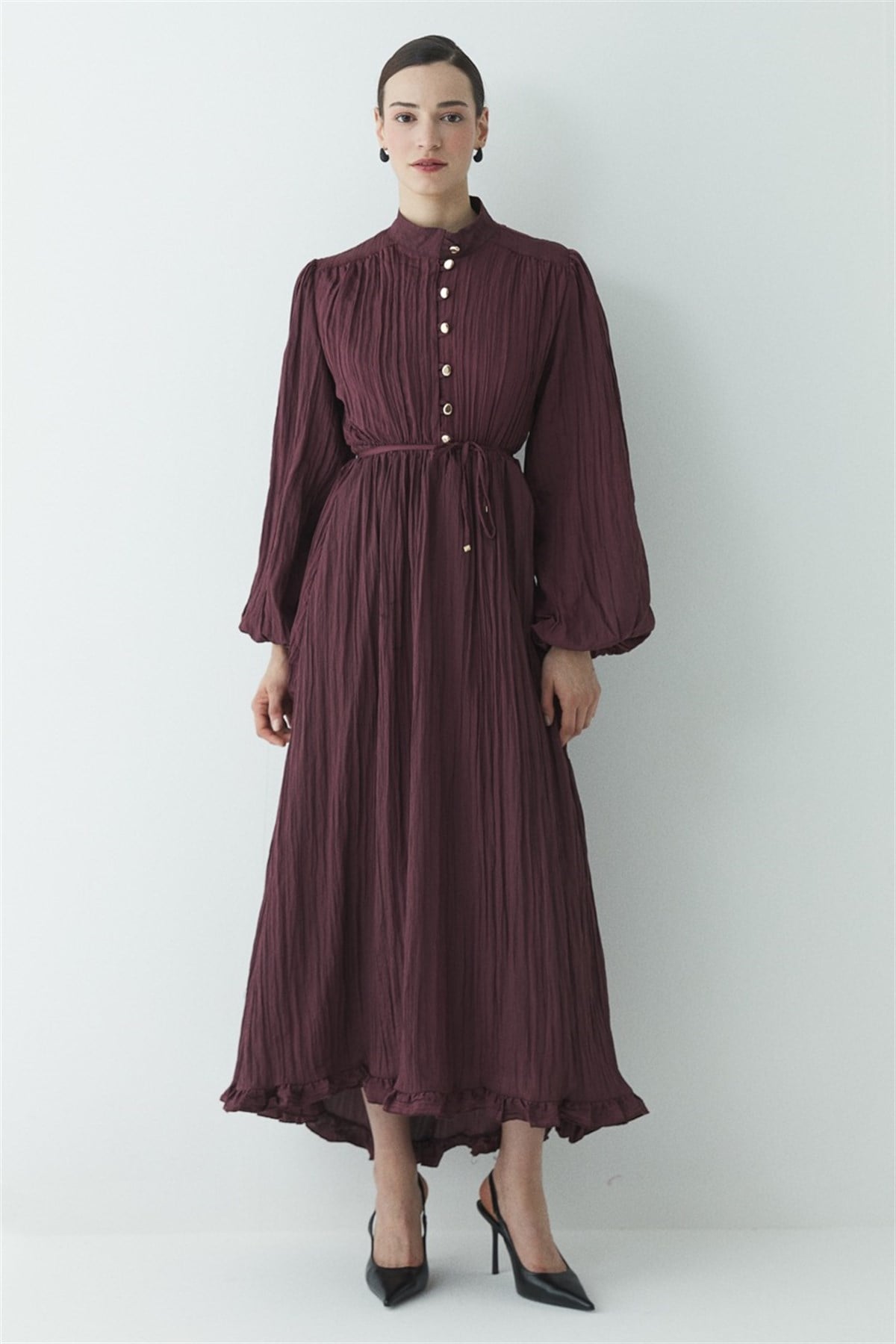 Asimetrik Fırfırlı Pilise Elbise - Bordo