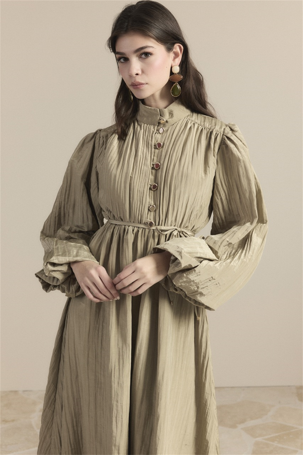 Asimetrik Fırfırlı Pilise Elbise - Çağla