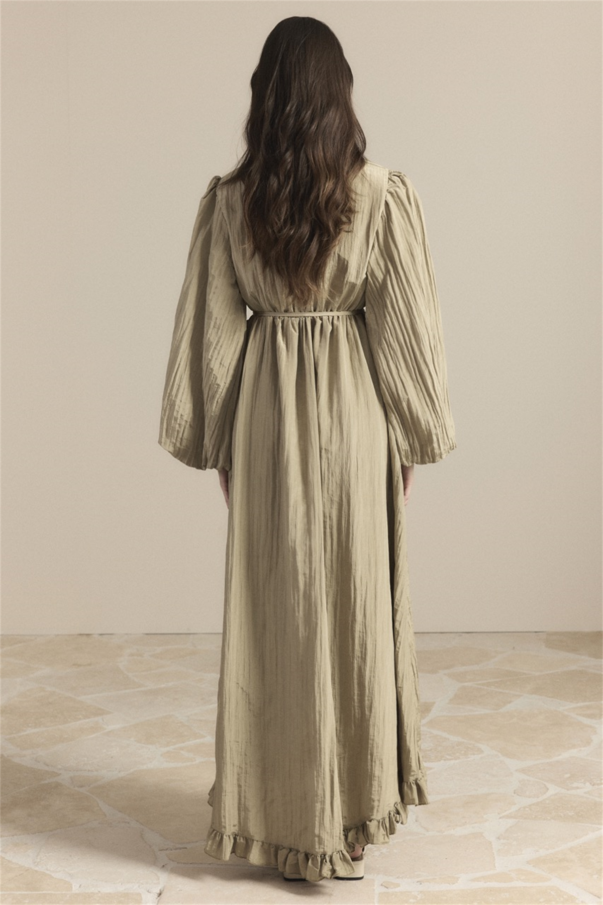 Asimetrik Fırfırlı Pilise Elbise - Çağla