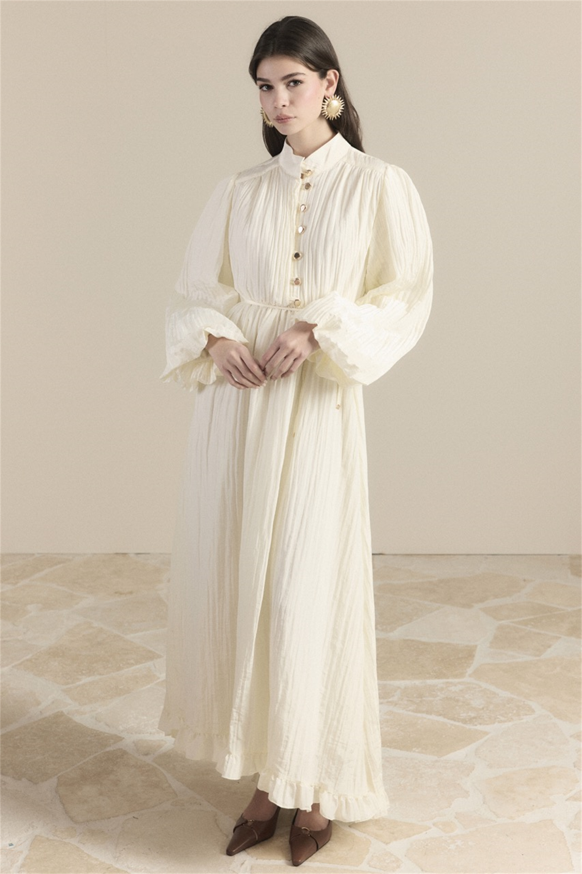 Asimetrik Fırfırlı Pilise Elbise - Ekru