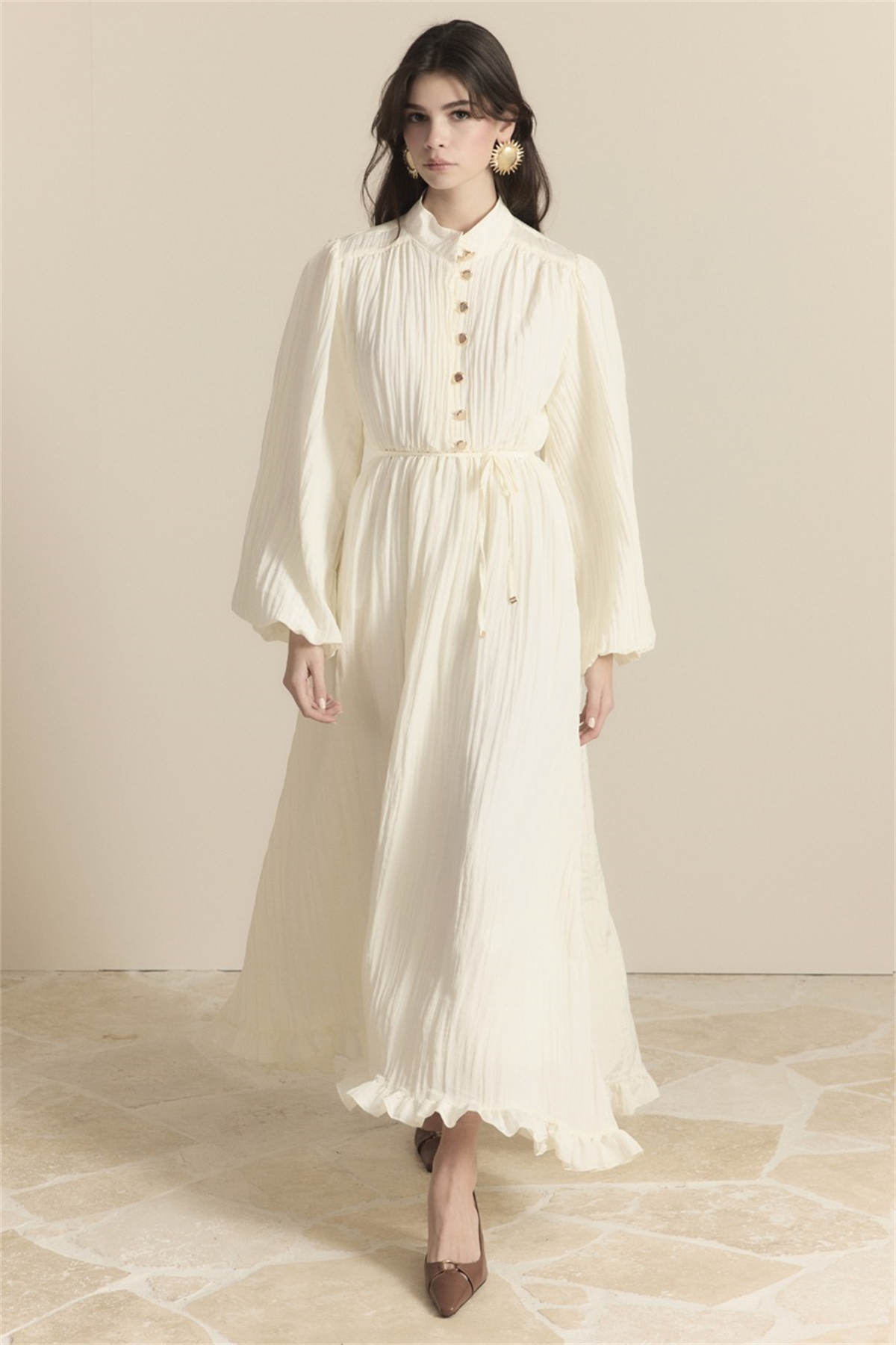 Asimetrik Fırfırlı Pilise Elbise - Ekru