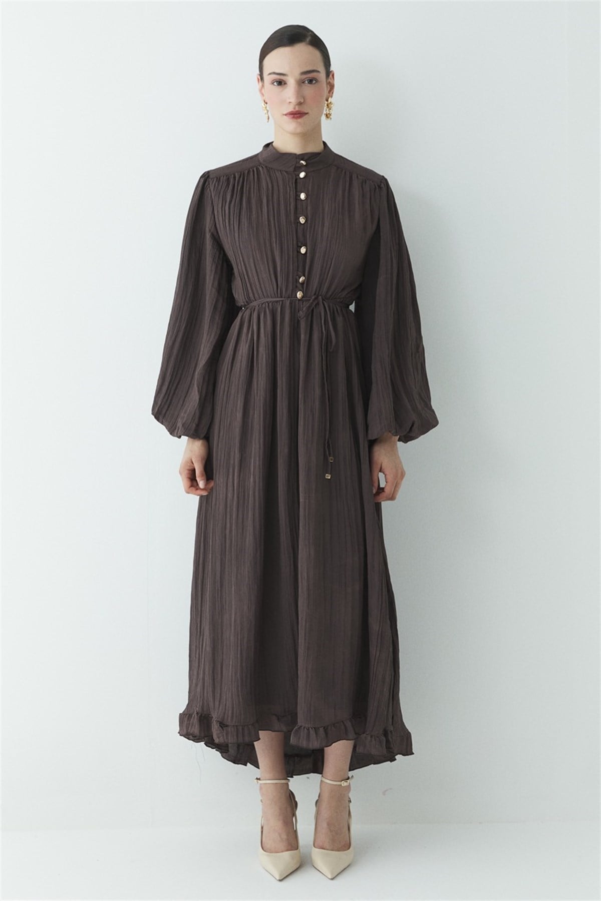 Asimetrik Fırfırlı Pilise Elbise - Kahverengi