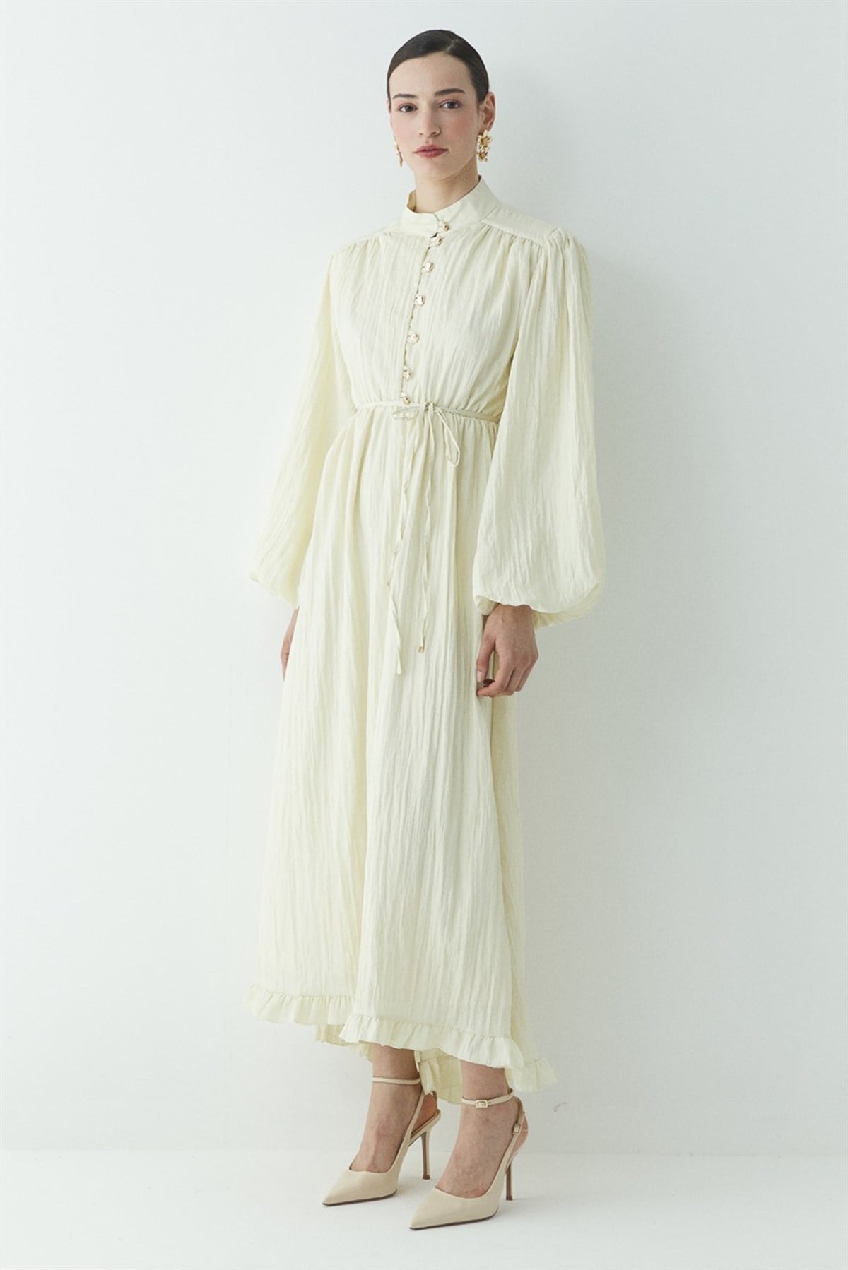 Asimetrik Fırfırlı Pilise Elbise - Sarı