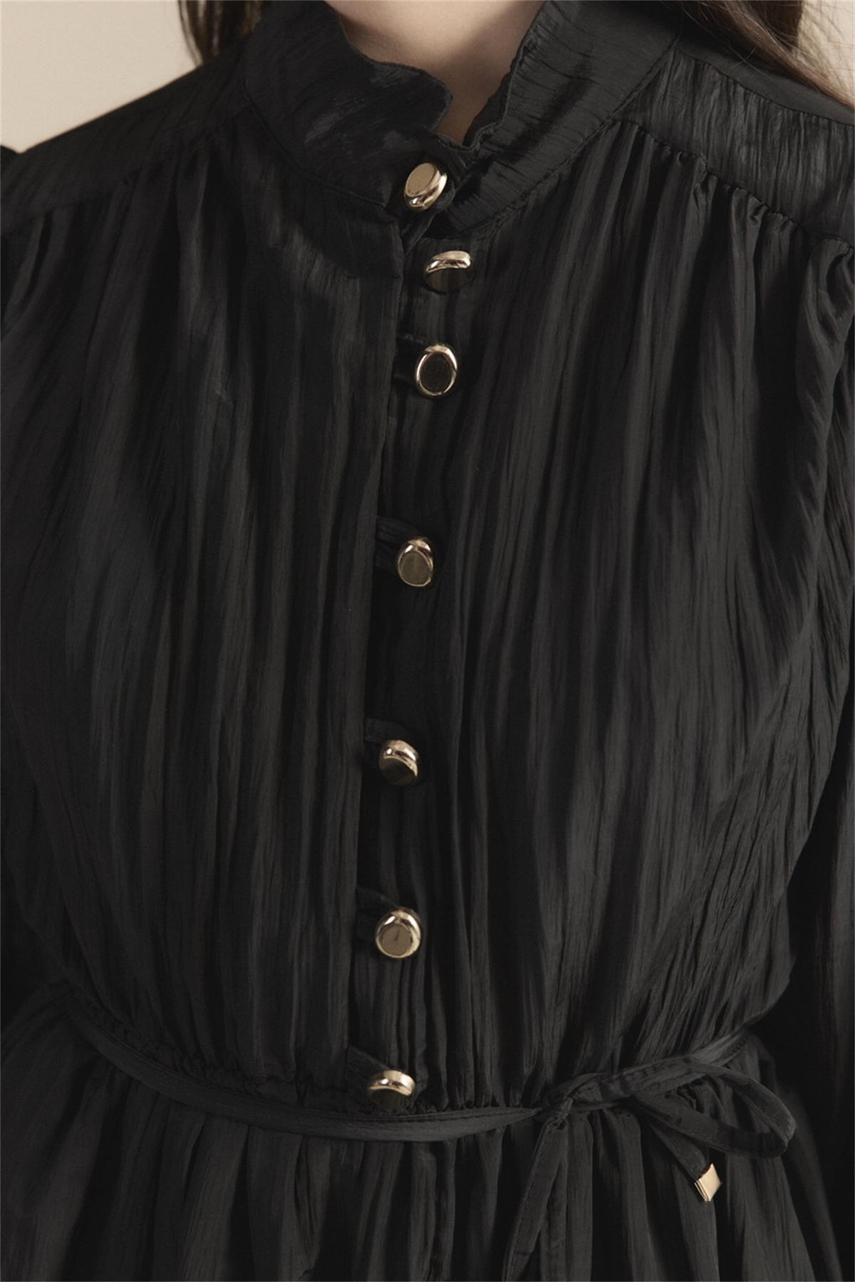 Asimetrik Fırfırlı Pilise Elbise - Siyah