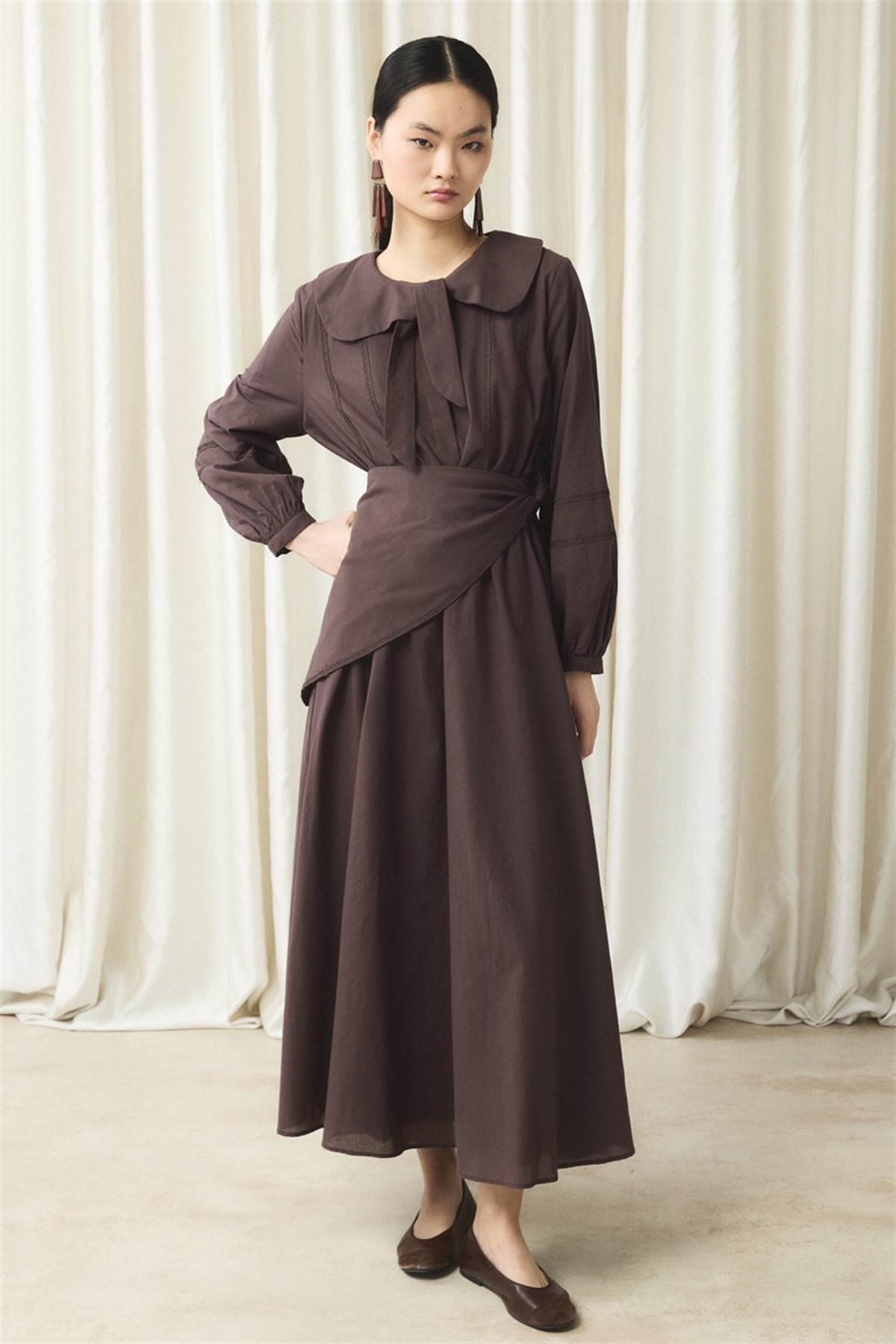 Bağlama Yaka Detay Vual Takım - Kahve