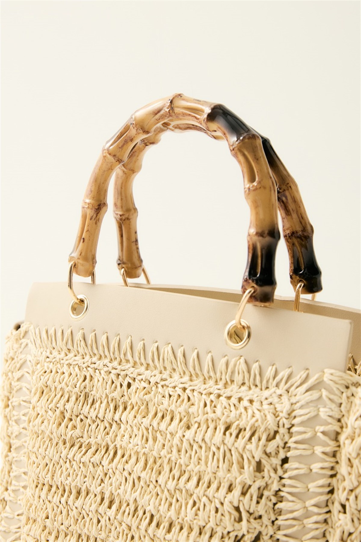 Bambu Saplı Hasır Çanta - Bej