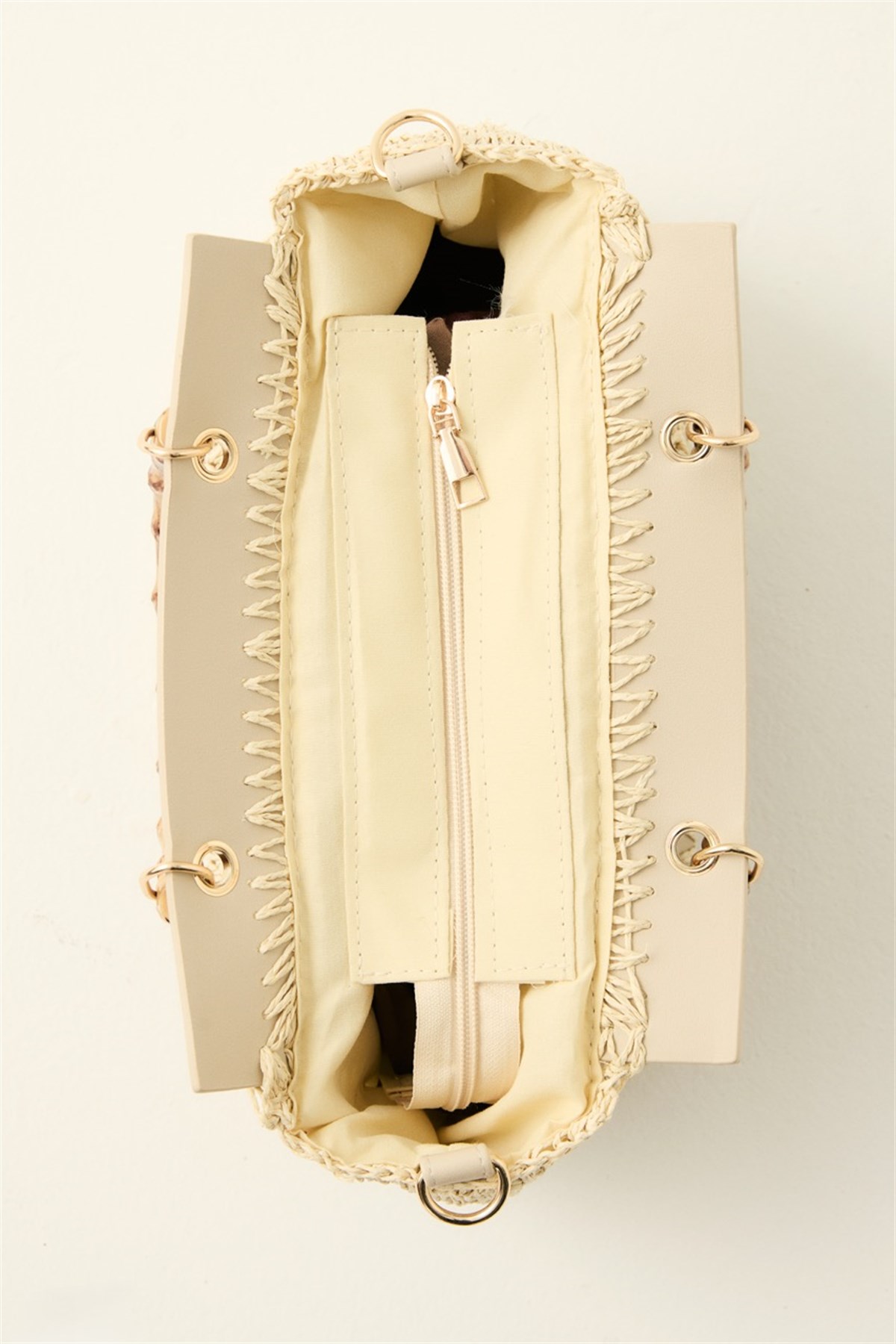 Bambu Saplı Hasır Çanta - Bej