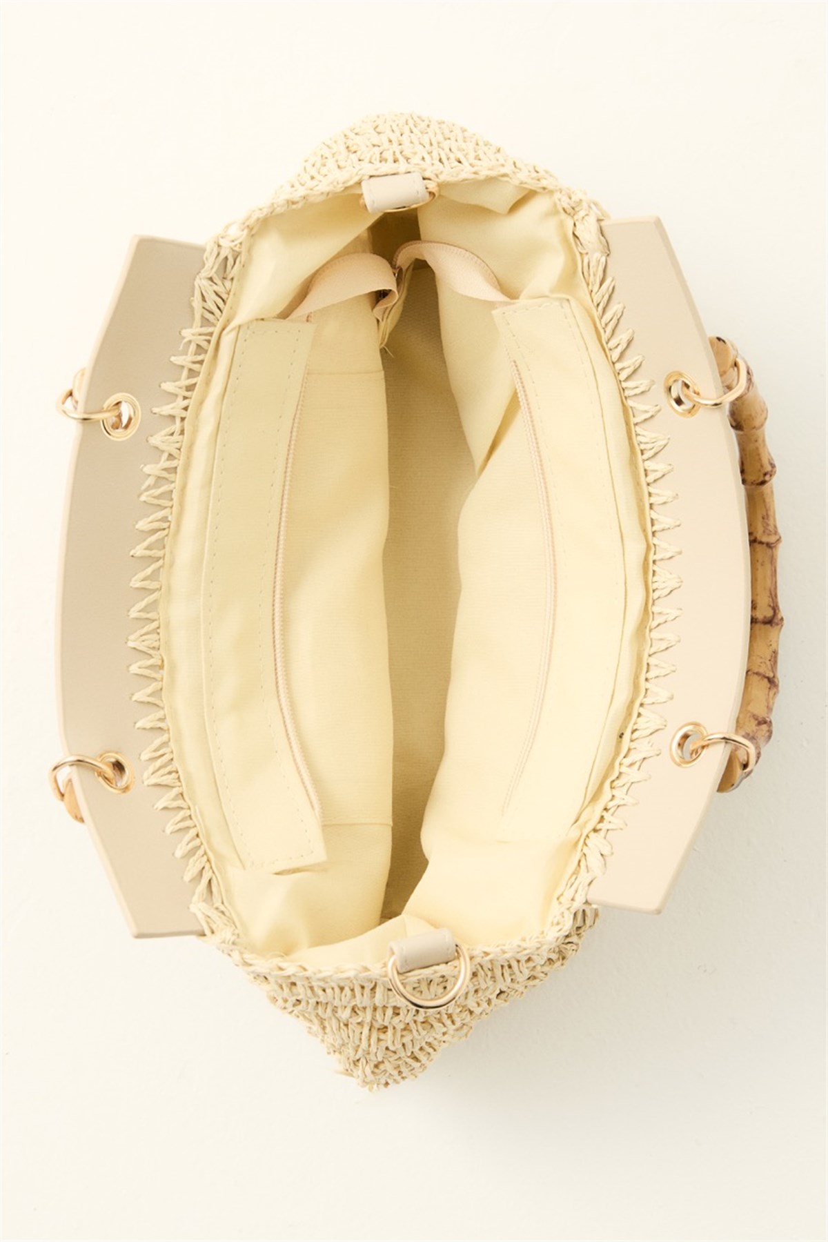 Bambu Saplı Hasır Çanta - Bej