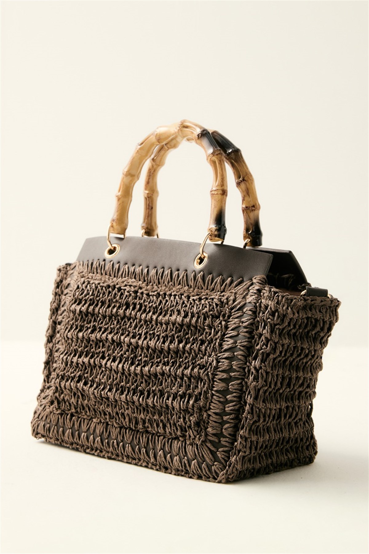 Bambu Saplı Hasır Çanta - Kahve