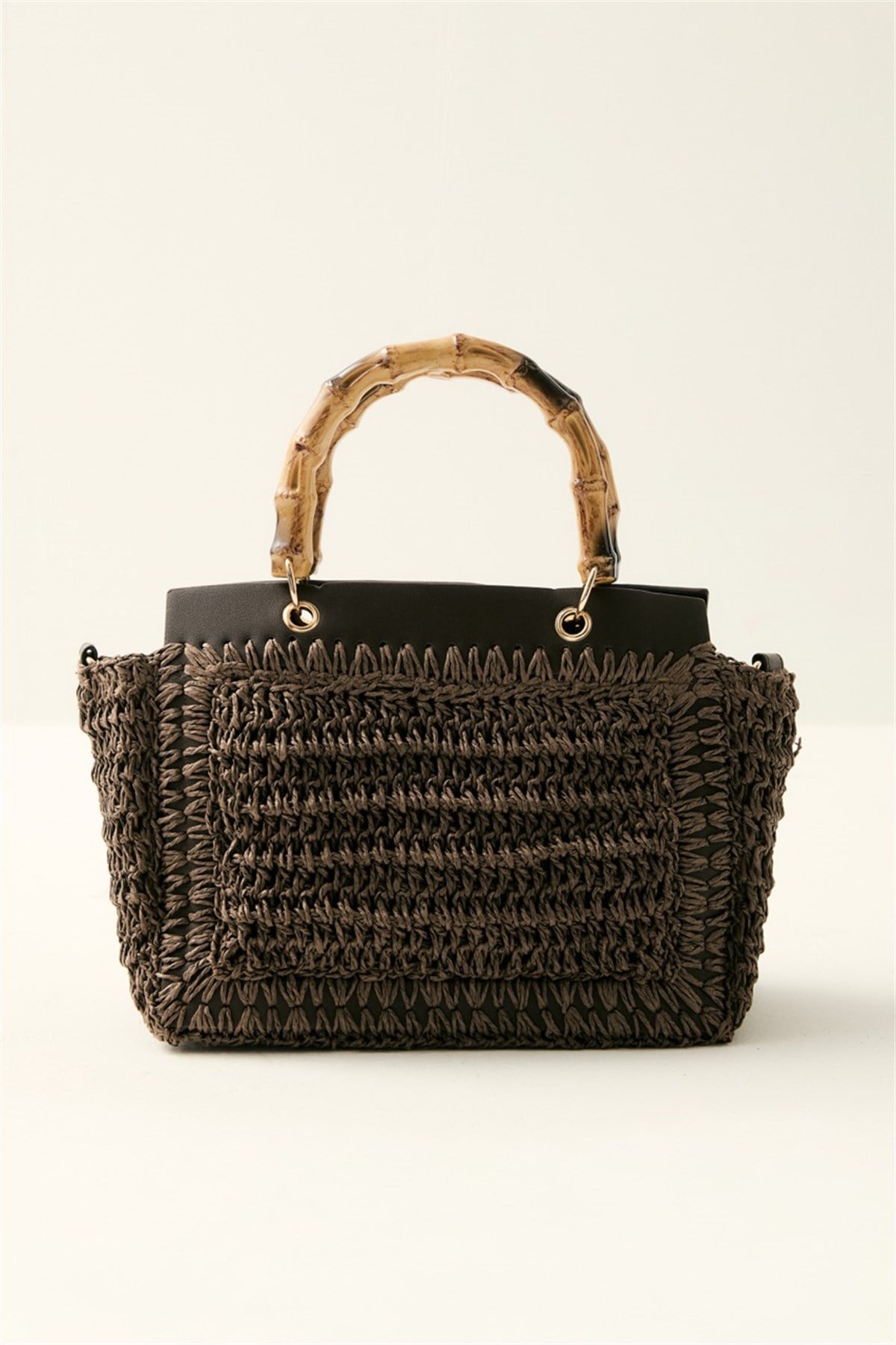 Bambu Saplı Hasır Çanta - Kahve