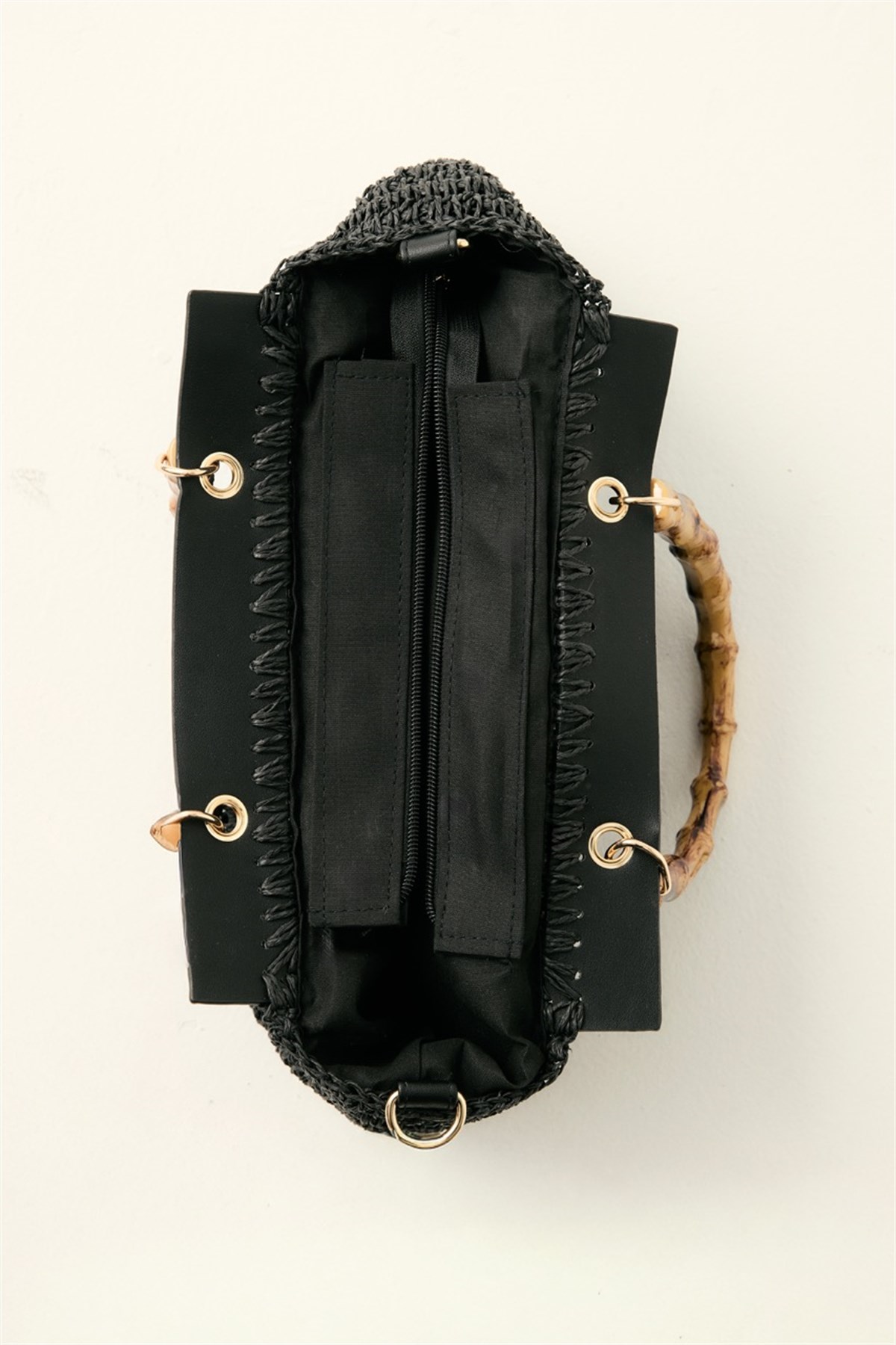 Bambu Saplı Hasır Çanta - Siyah