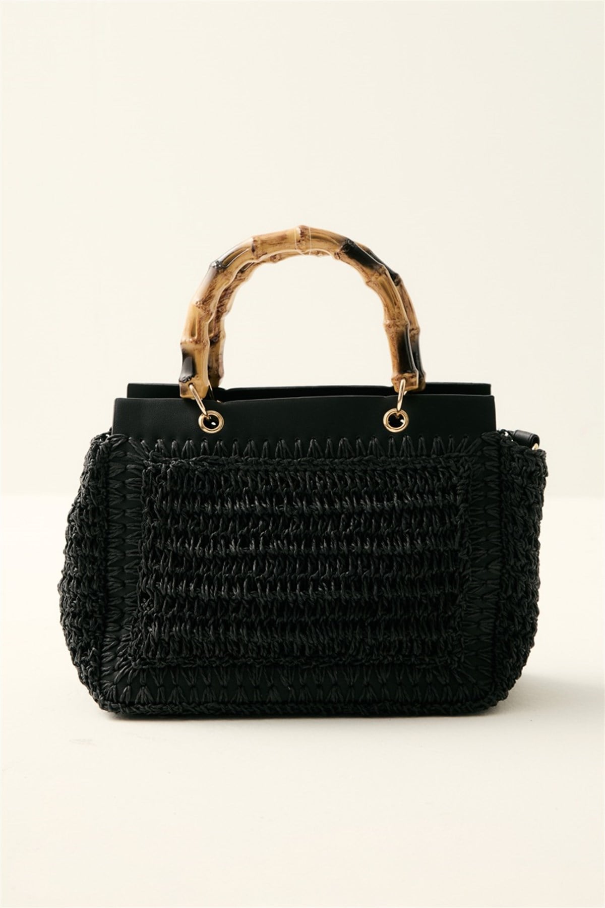 Bambu Saplı Hasır Çanta - Siyah