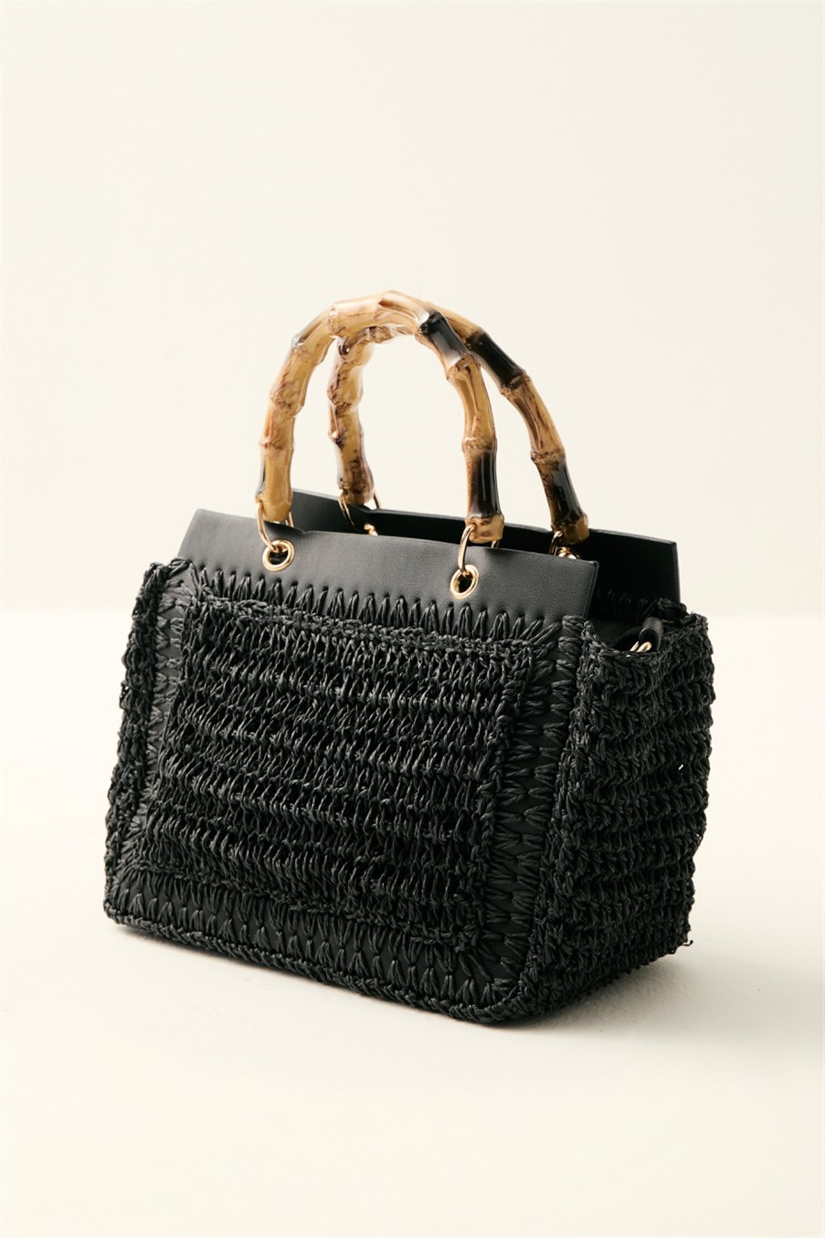 Bambu Saplı Hasır Çanta - Siyah