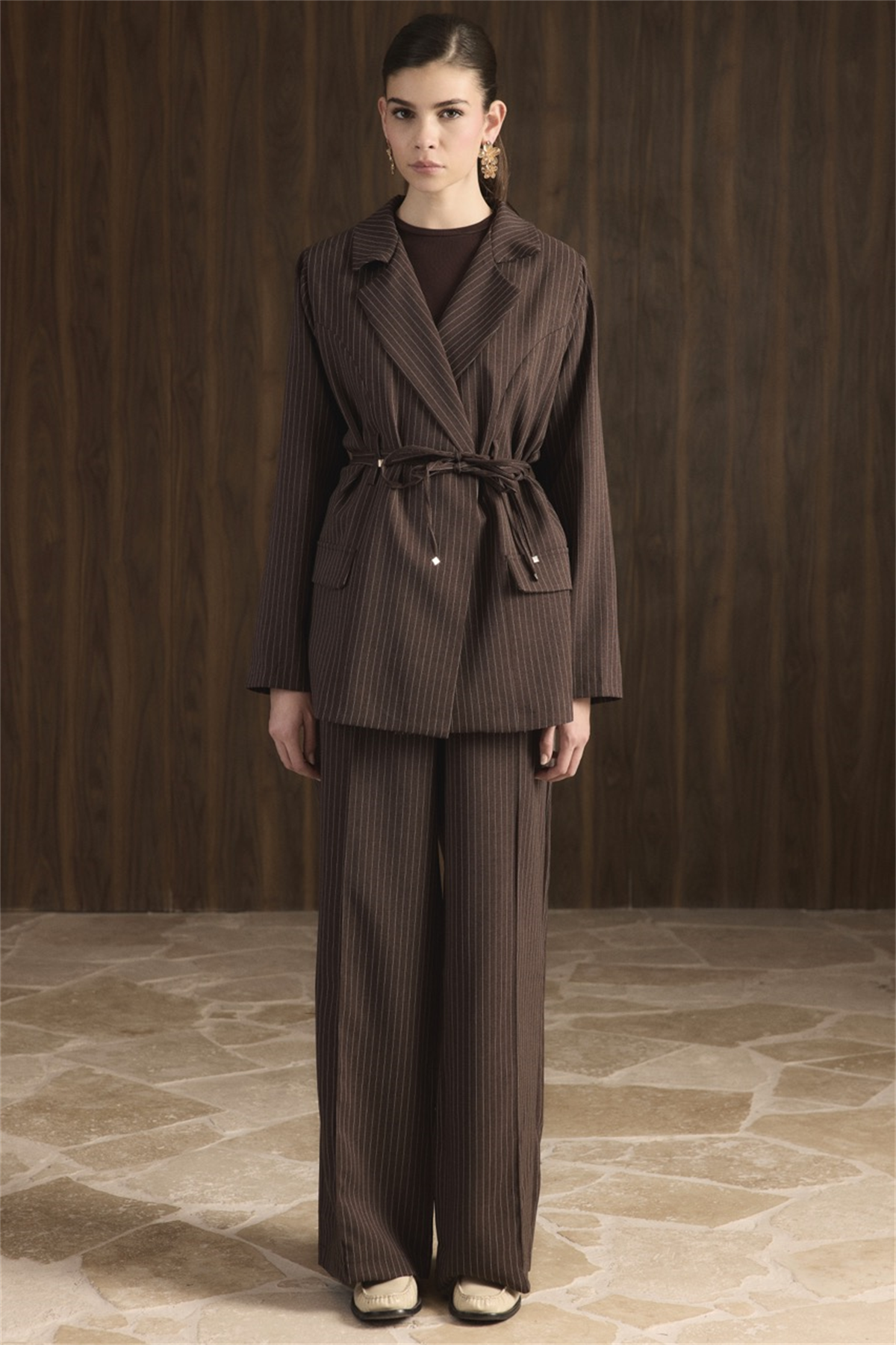 Bel Bağlamalı Blazer Ceket Takım - Acı Kahve