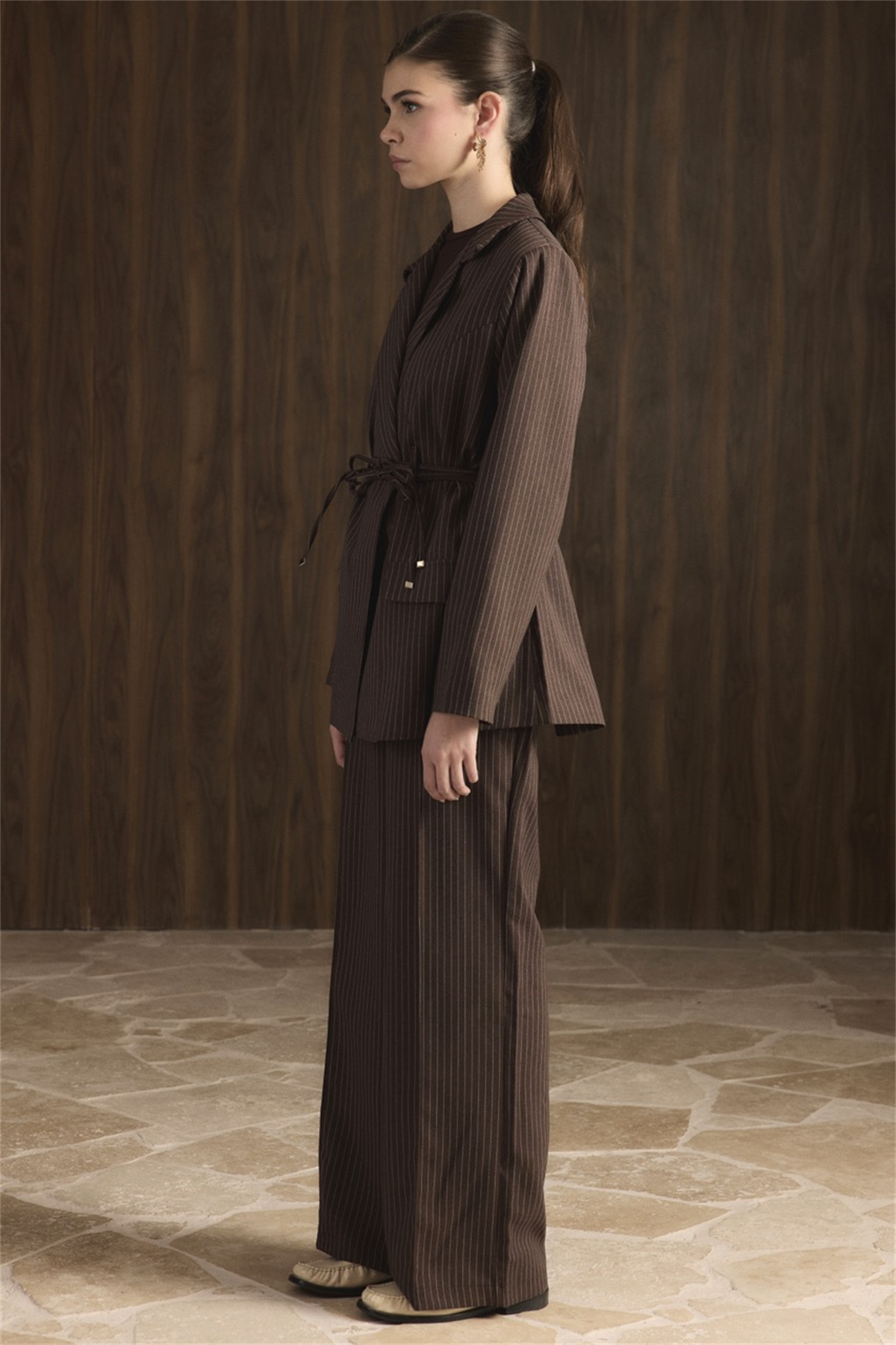 Bel Bağlamalı Blazer Ceket Takım - Acı Kahve