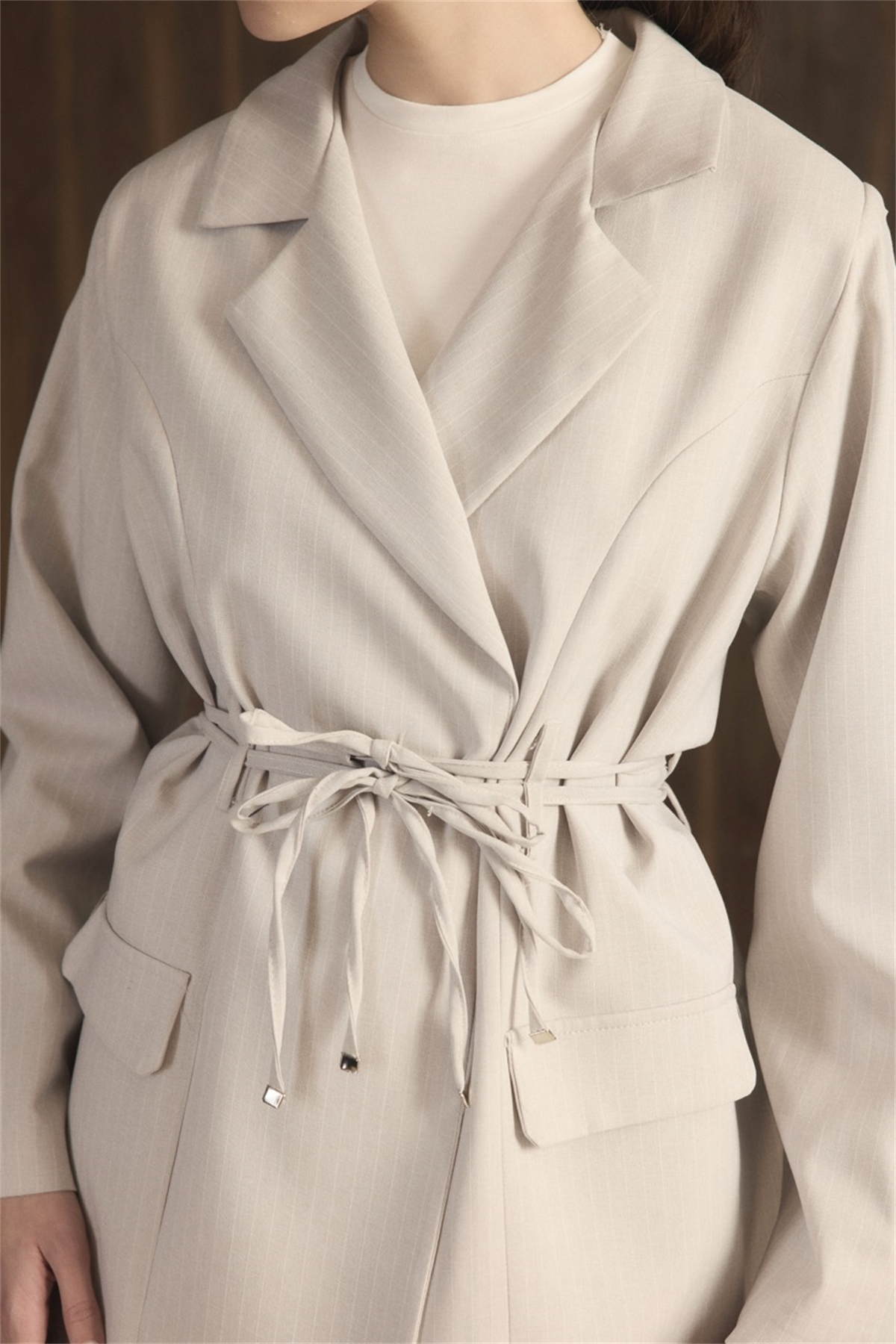 Bel Bağlamalı Blazer Ceket Takım - Açık Gri