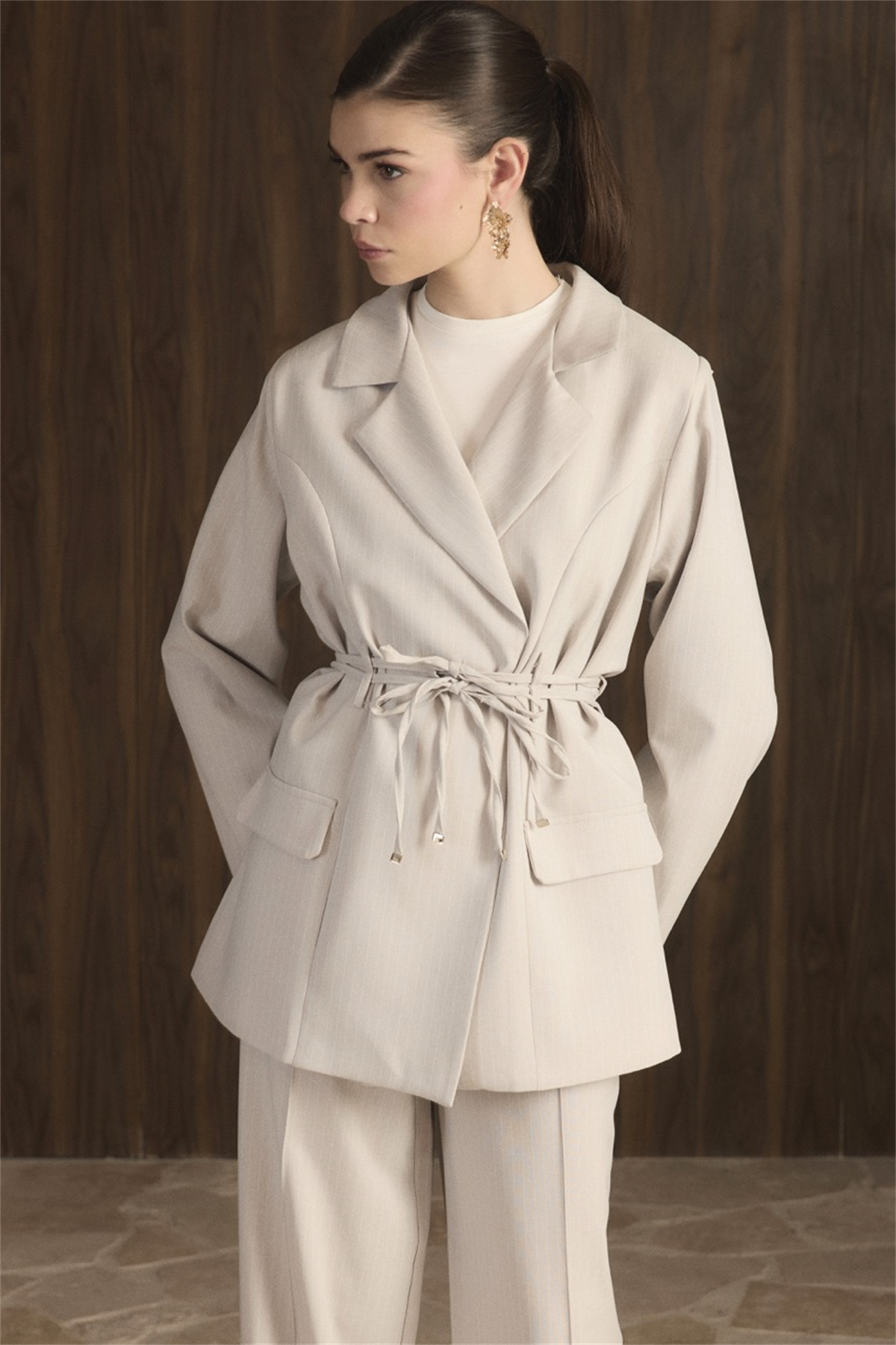 Bel Bağlamalı Blazer Ceket Takım - Açık Gri