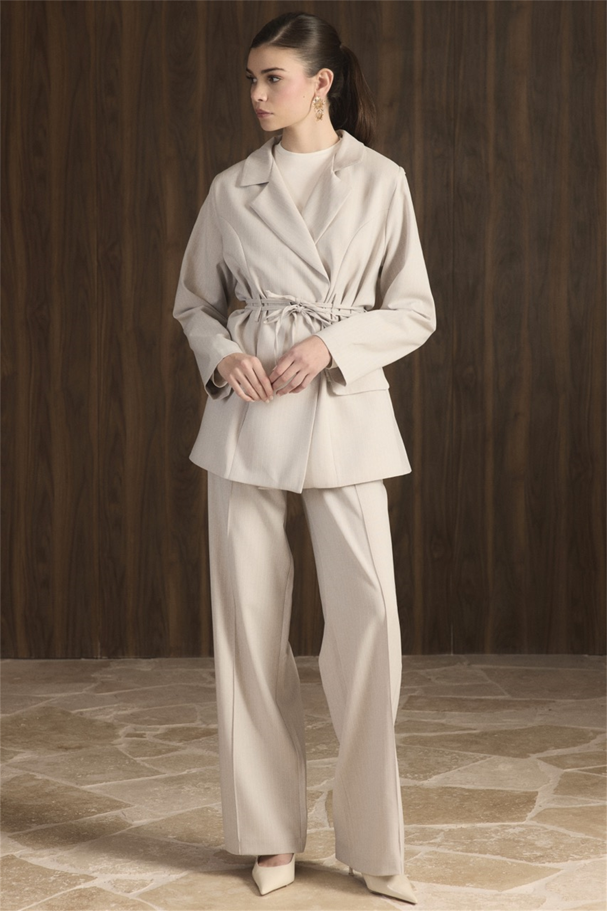 Bel Bağlamalı Blazer Ceket Takım - Açık Gri