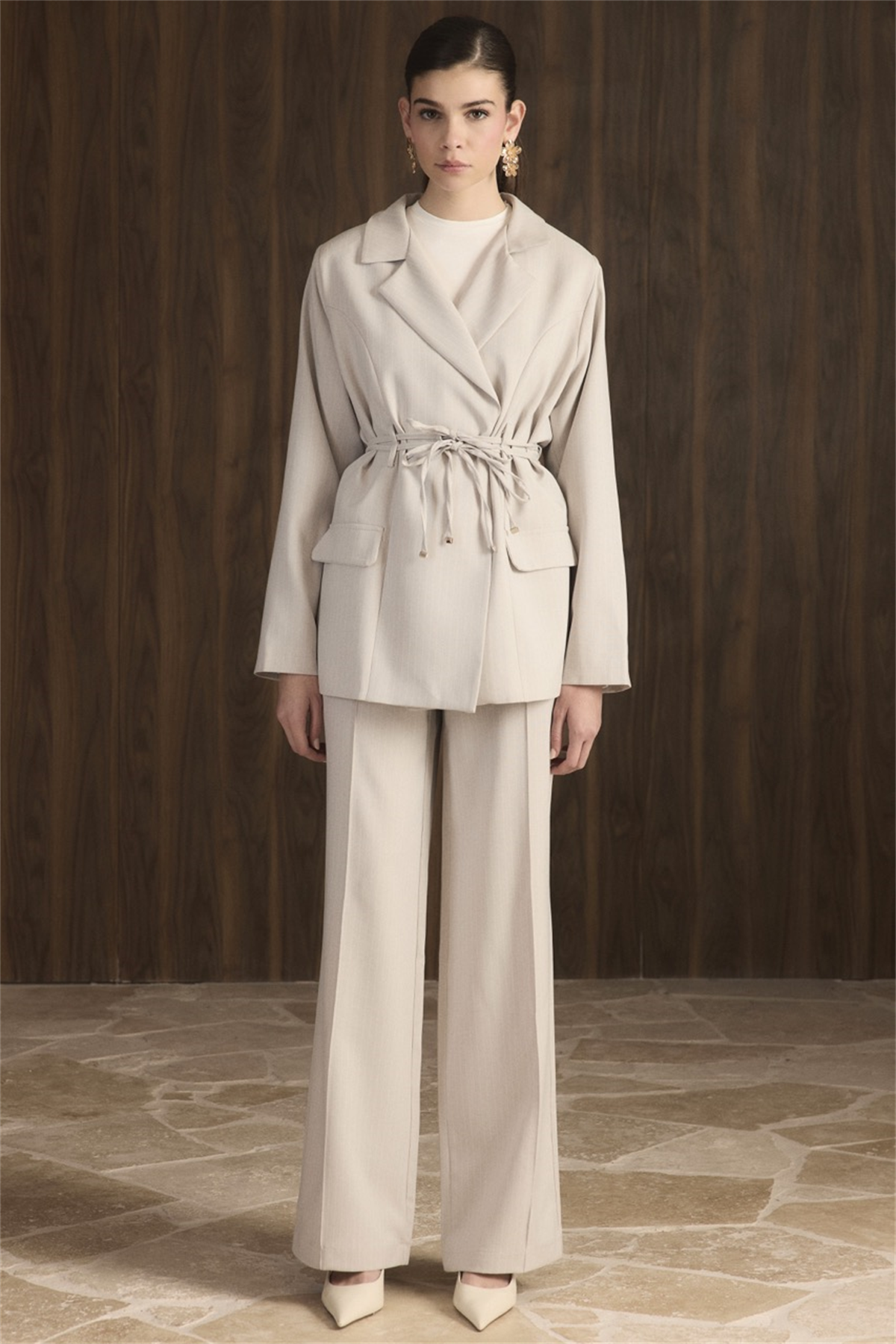 Bel Bağlamalı Blazer Ceket Takım - Açık Gri