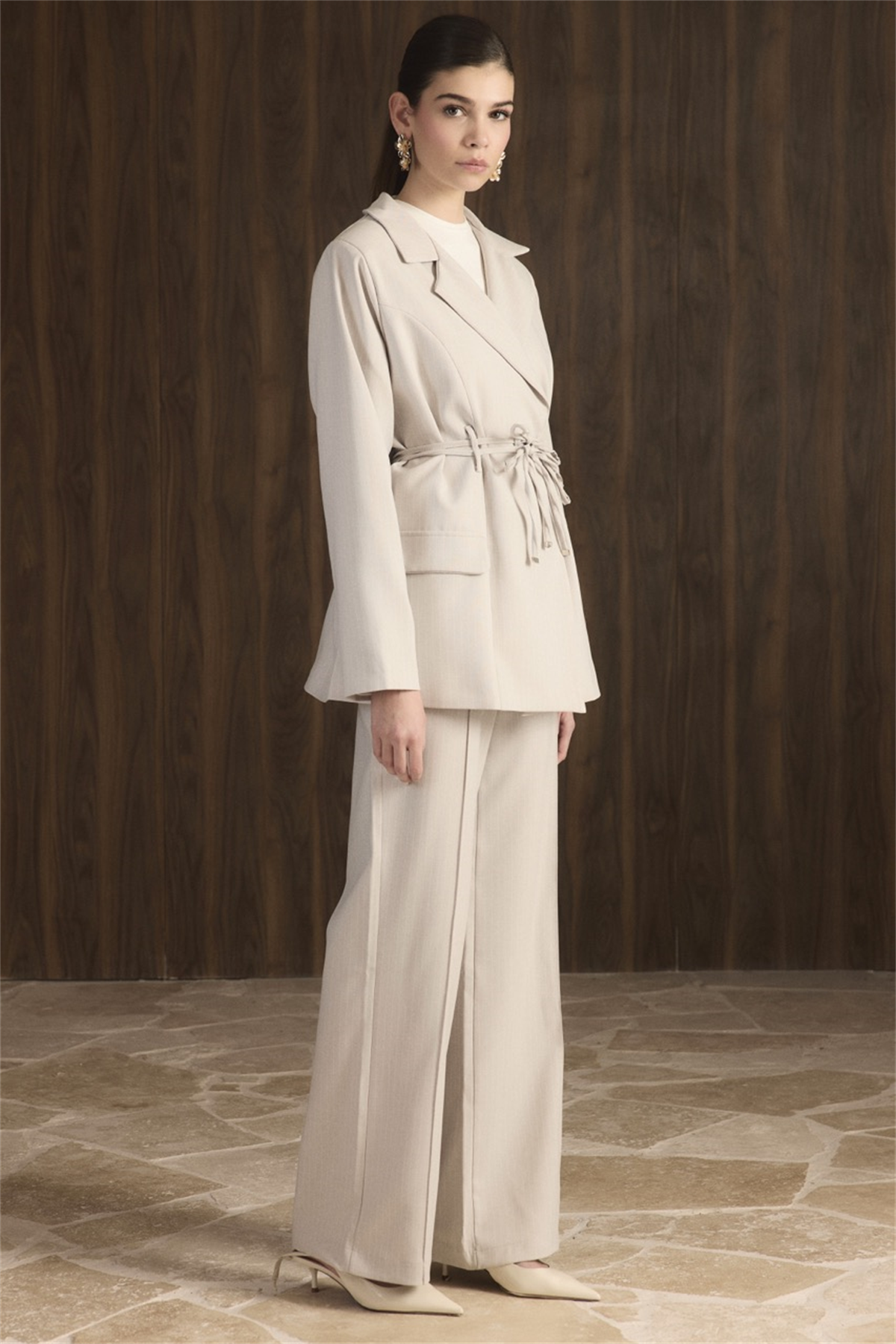 Bel Bağlamalı Blazer Ceket Takım - Açık Gri