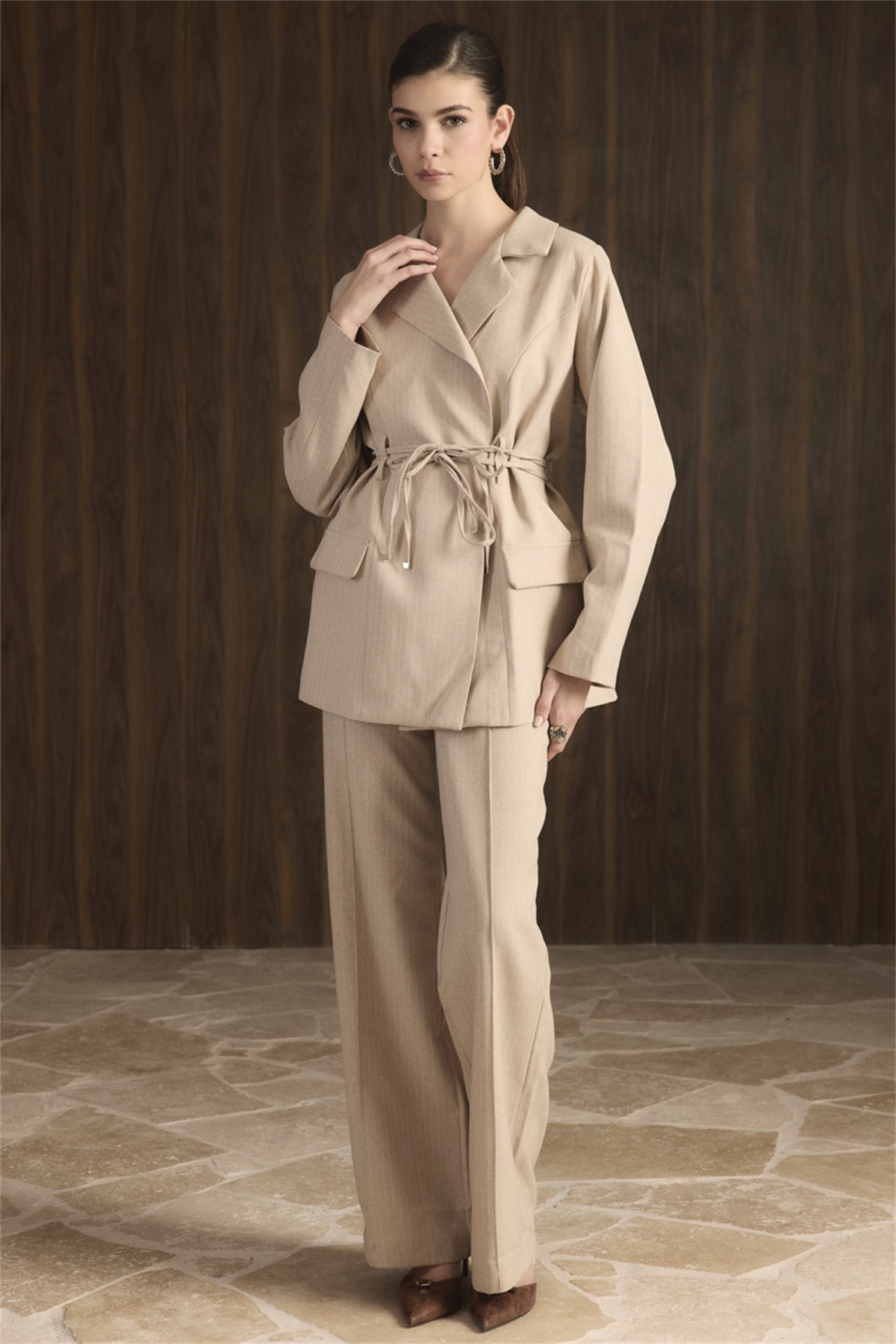 Bel Bağlamalı Blazer Ceket Takım - Bej
