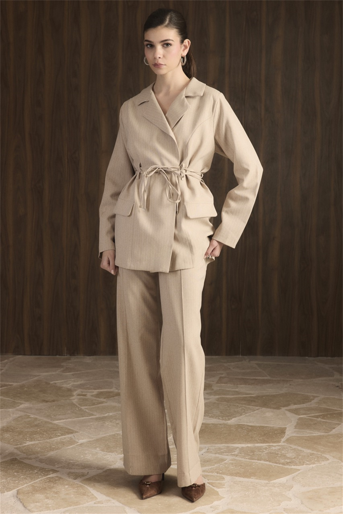 Bel Bağlamalı Blazer Ceket Takım - Bej