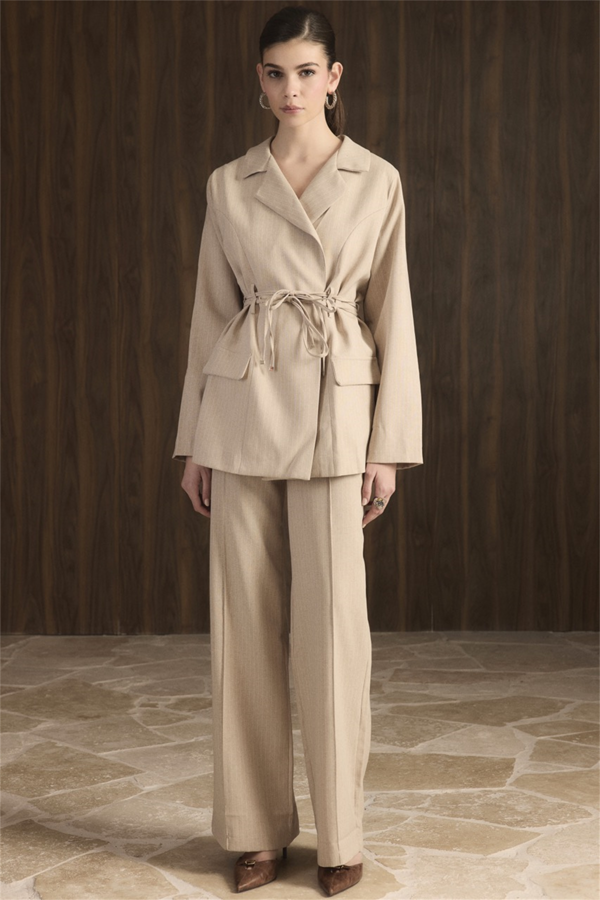Bel Bağlamalı Blazer Ceket Takım - Bej