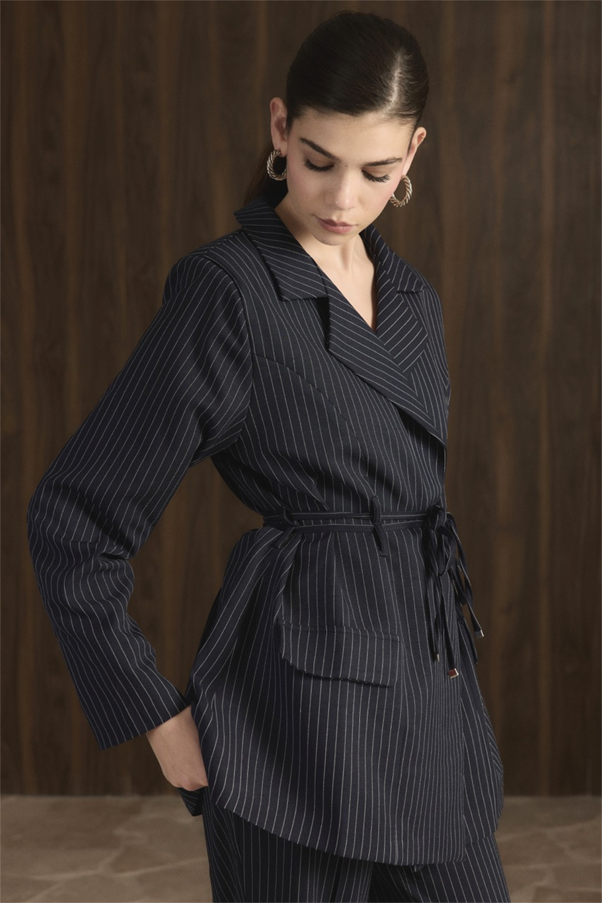 Bel Bağlamalı Blazer Ceket Takım - Koyu Lacivert