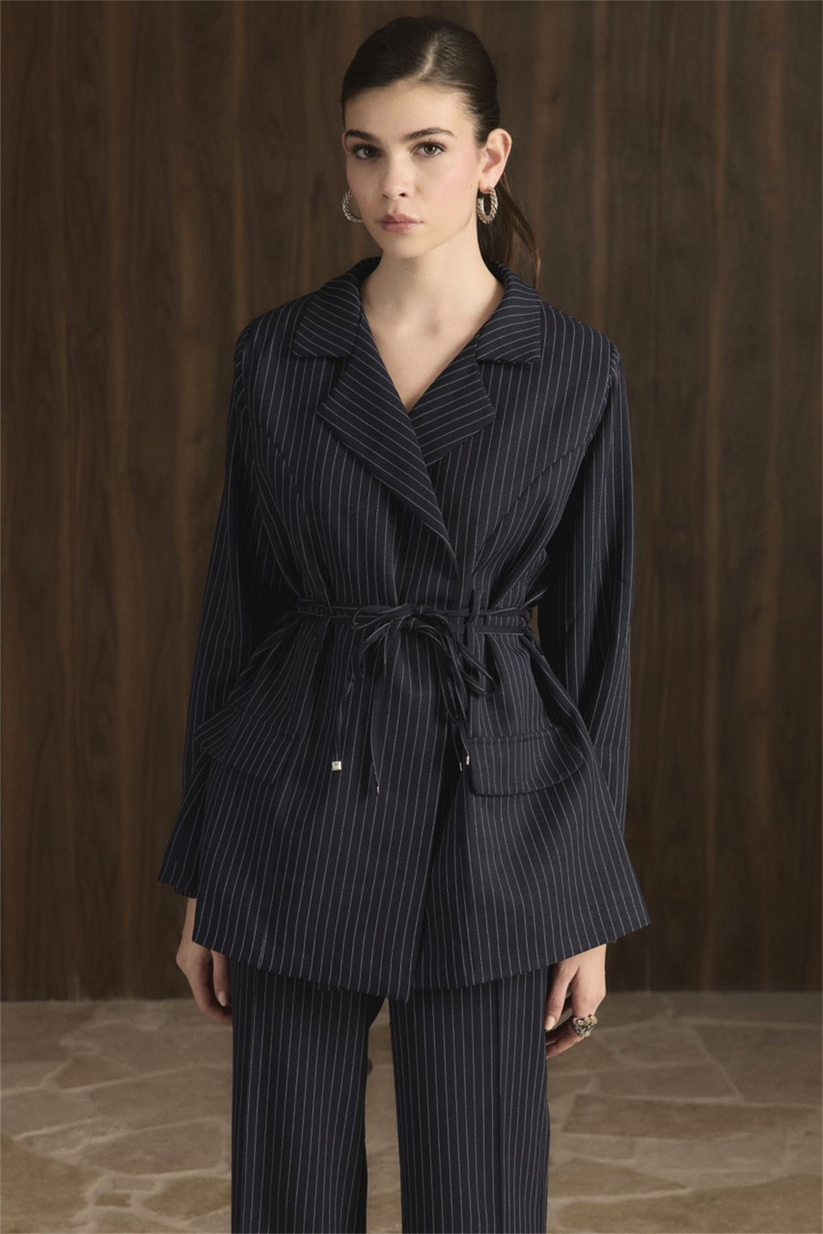 Bel Bağlamalı Blazer Ceket Takım - Koyu Lacivert