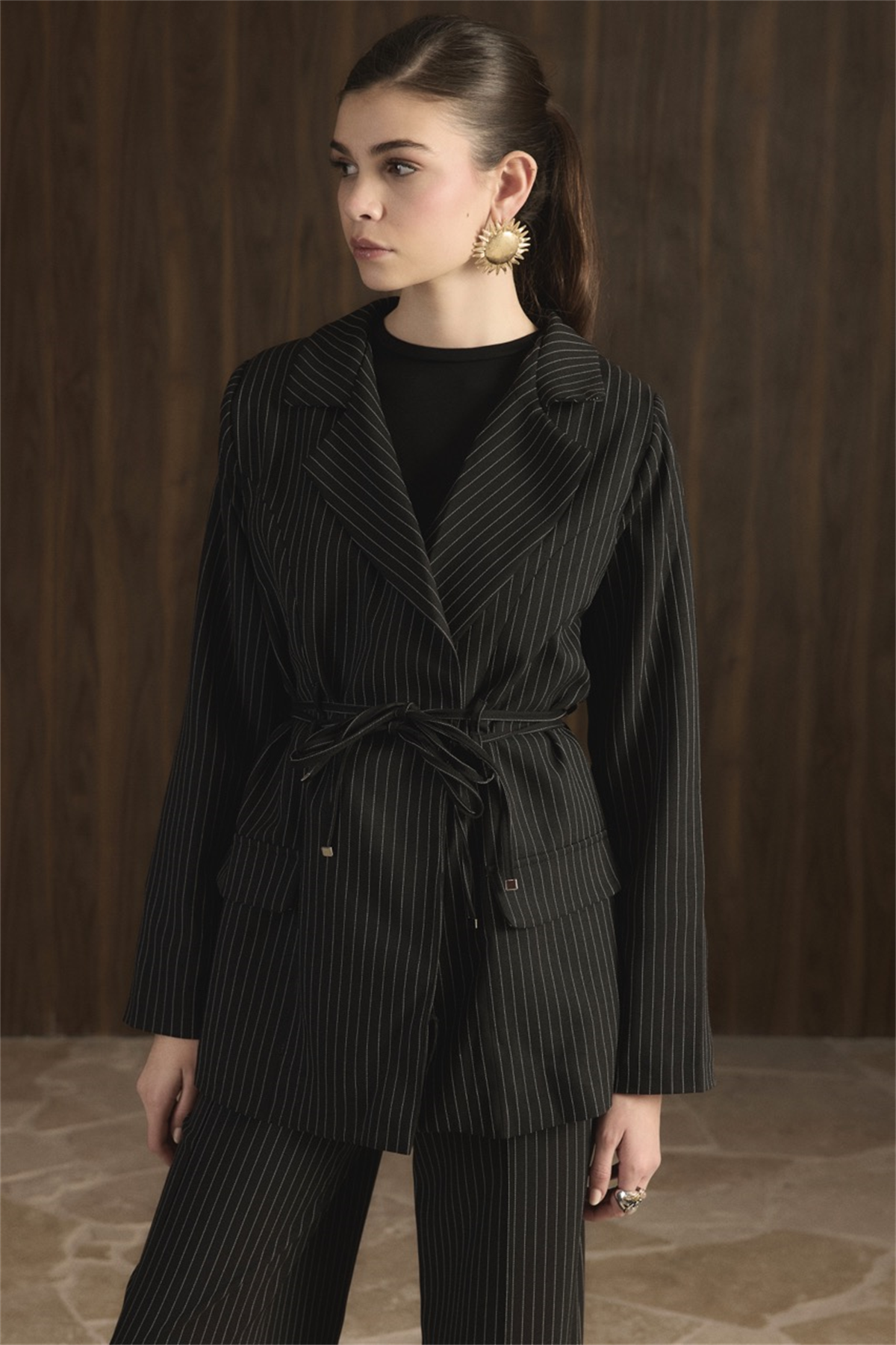 Bel Bağlamalı Blazer Ceket Takım - Siyah