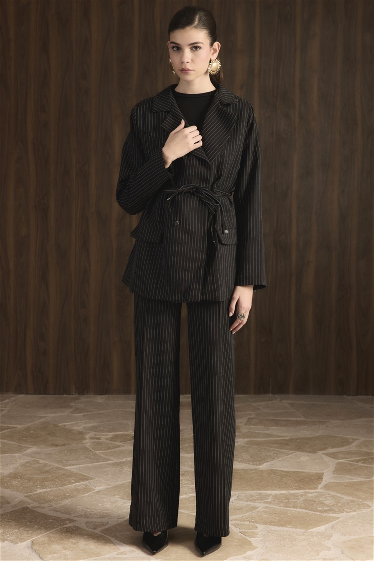 Bel Bağlamalı Blazer Ceket Takım - Siyah