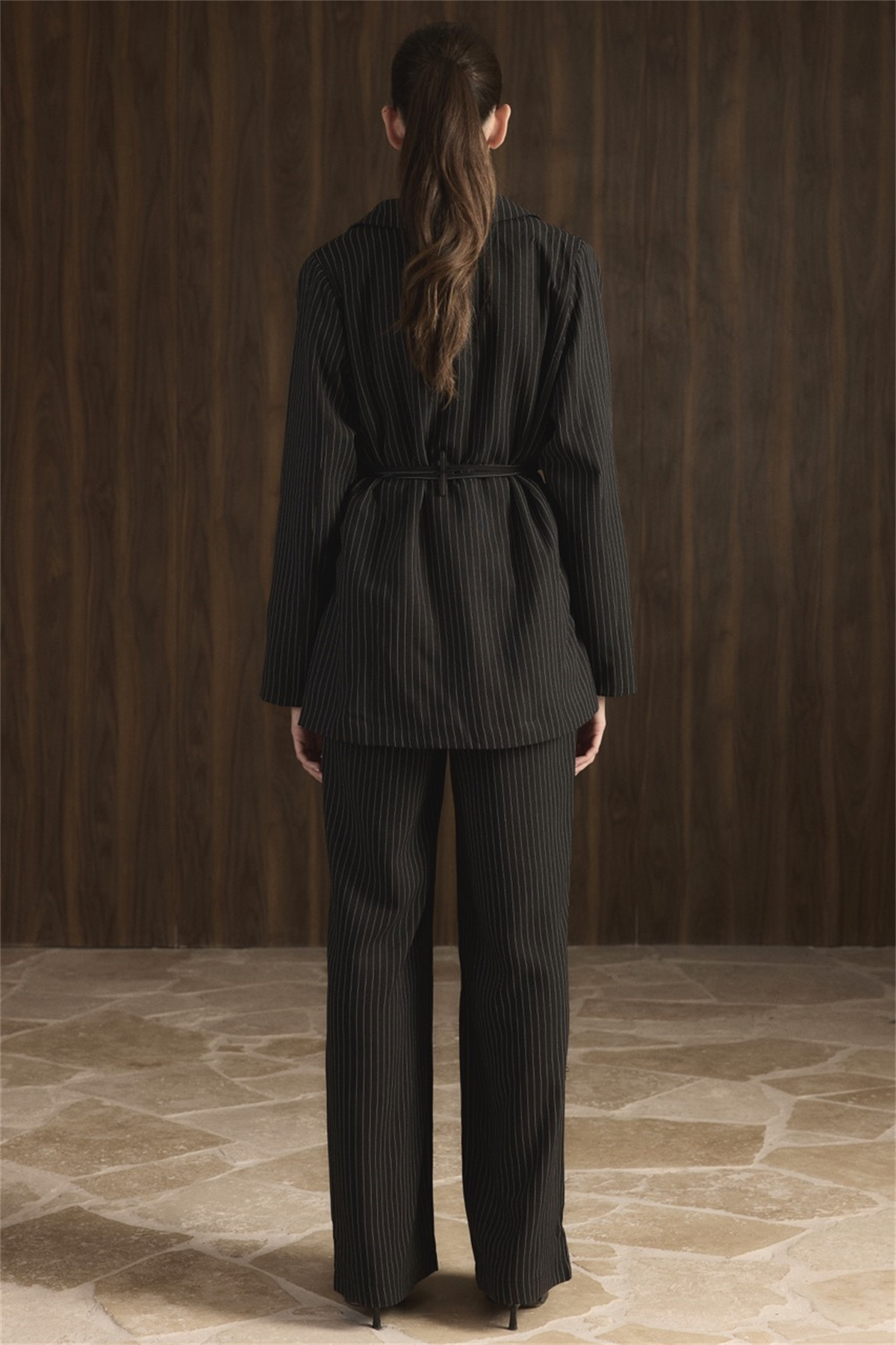 Bel Bağlamalı Blazer Ceket Takım - Siyah