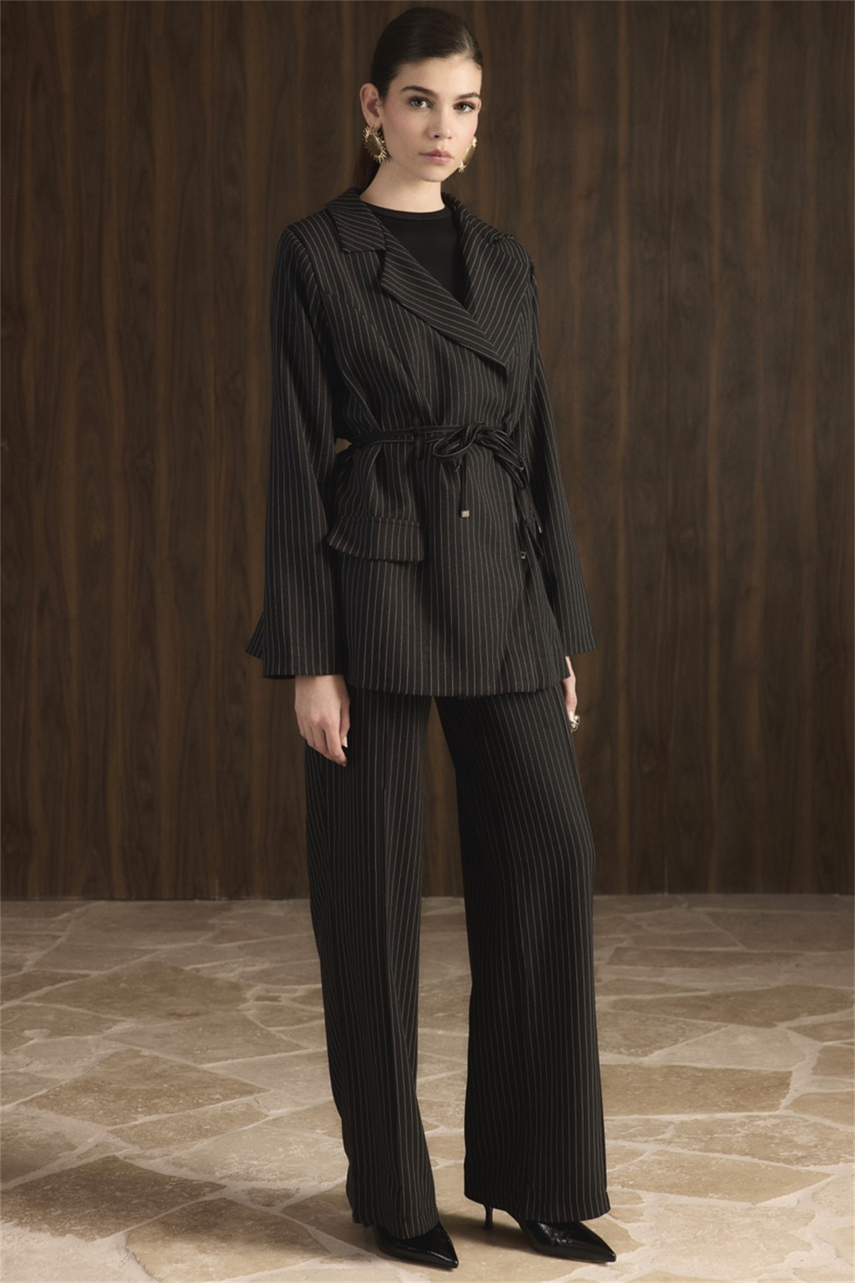 Bel Bağlamalı Blazer Ceket Takım - Siyah