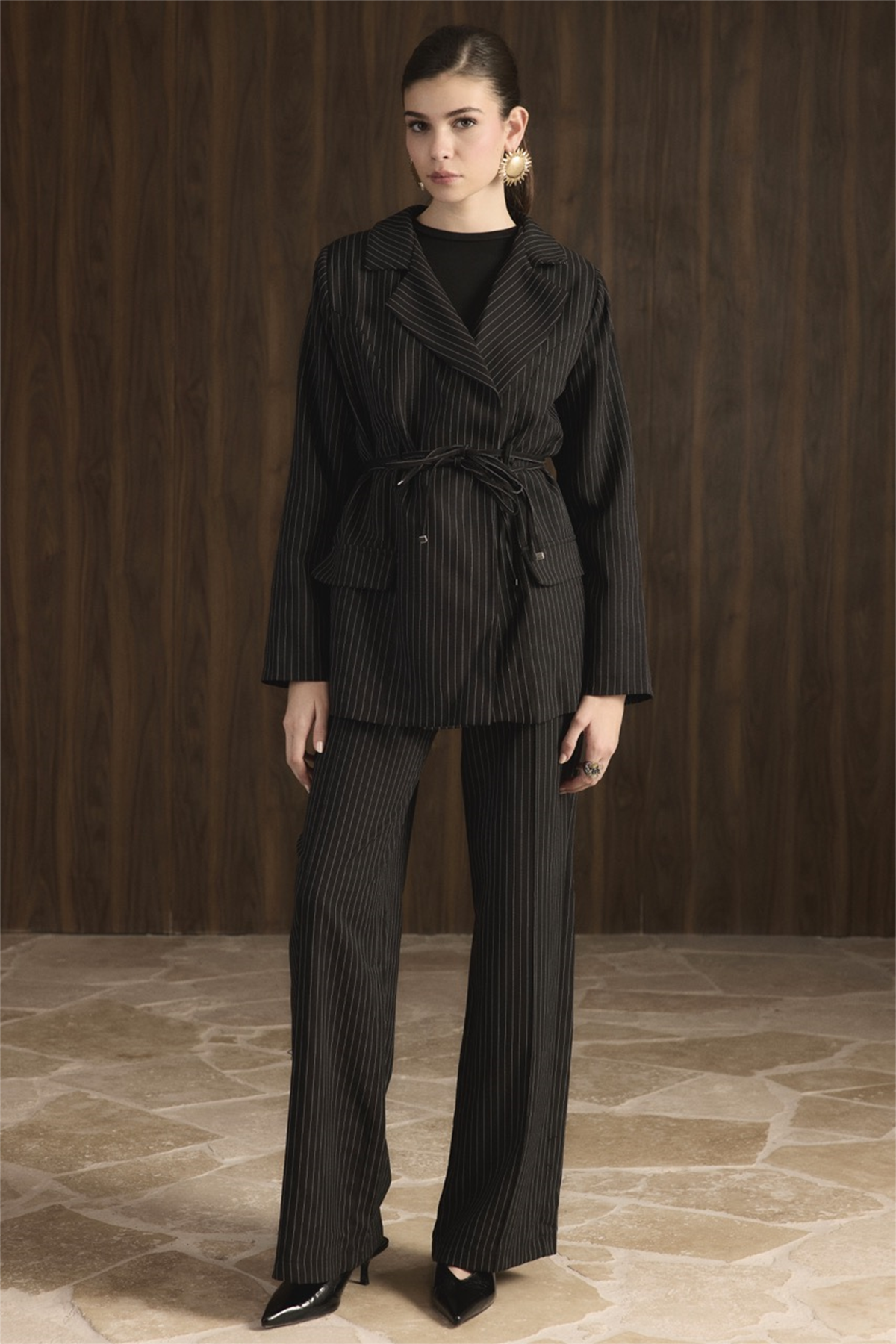 Bel Bağlamalı Blazer Ceket Takım - Siyah