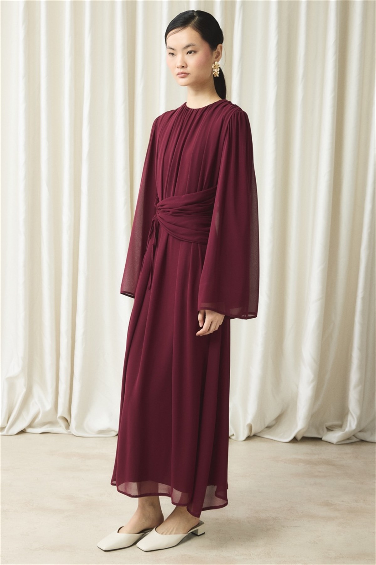 Bel Büzgülü Şifon Elbise - Bordo