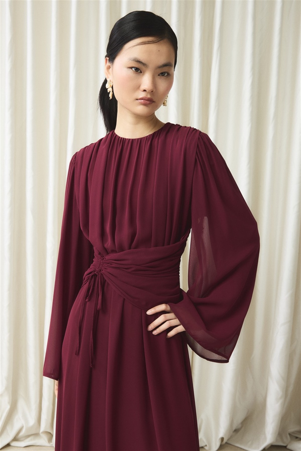 Bel Büzgülü Şifon Elbise - Bordo